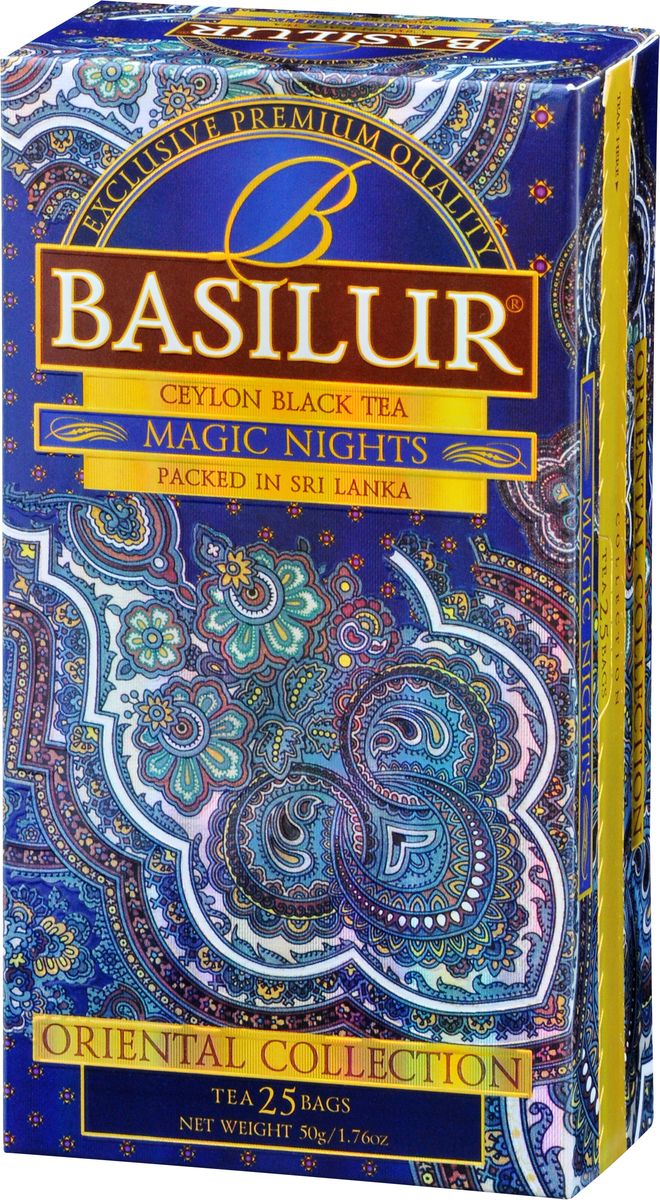 Basilur Magic Nights черный чай в пакетиках, 25 шт70849-00 Basilur Magic Nights черный чай в пакетиках, 25 шт70849-00Чёрный цейлонский байховый листовой чай с ягодами клюквы, лепестками василька и синей мальвы и ароматами клубники, абрикоса, ананаса и папайи безусловно придется по вкусу всем любителям этого напитка! Настоящий цейлонский чай с натуральными ягодами и лепестками цветов от Basilur таит свой волшебный аромат в каждой чашке и напомнит вам мир восточной сказки.