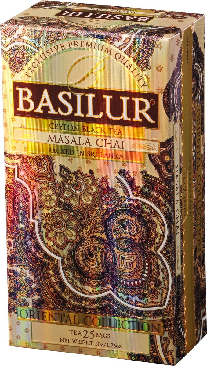 Basilur Masala Chai черный чай в пакетиках, 25 шт70854-00 Basilur Masala Chai черный чай в пакетиках, 25 шт70854-00Чай чёрный цейлонский байховый мелколистовой Basilur Masala Chai c пряностями - кардамоном, корицей, мускатным орехом и имбирем в пакетиках с ярлычками для разовой заварки. Традиционный индийский рецепт черного чая с натуральными пряностями - кардамоном, корицей, мускатным орехом и имбирем - познакомит вас с таинственным миром древнего Востока. Рекомендуется пить с молоком.