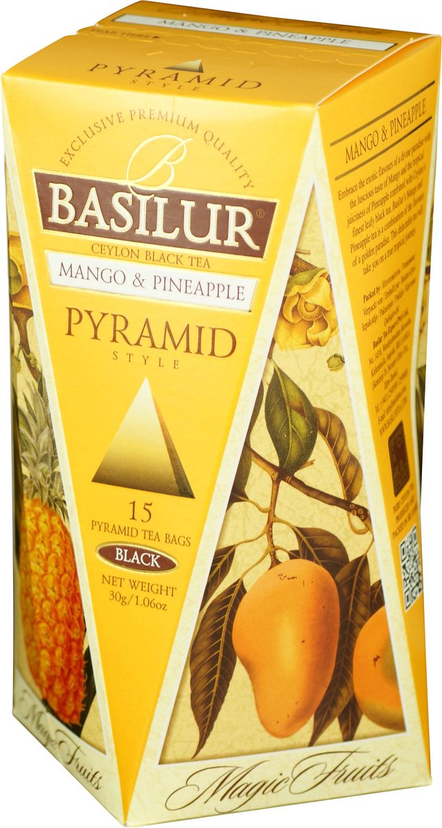 Basilur Mango and Pineapple черный чай в пакетиках, 15 шт70651-00 Basilur Mango and Pineapple черный чай в пакетиках, 15 шт70651-00Чай чёрный цейлонский байховый мелколистовой Basilur Mango and Pineapple в пирамидках с яблоком и ароматами манго, ананаса и маракуйи. Экзотические ароматы сладкого манго и сочного ананаса в сочетании с лучшим листовым цейлонским чёрным чаем создают ощущение бесконечного путешествия по тропическому раю. Чай Basilur Манго и ананас насыщен ароматами солнечных тропиков.