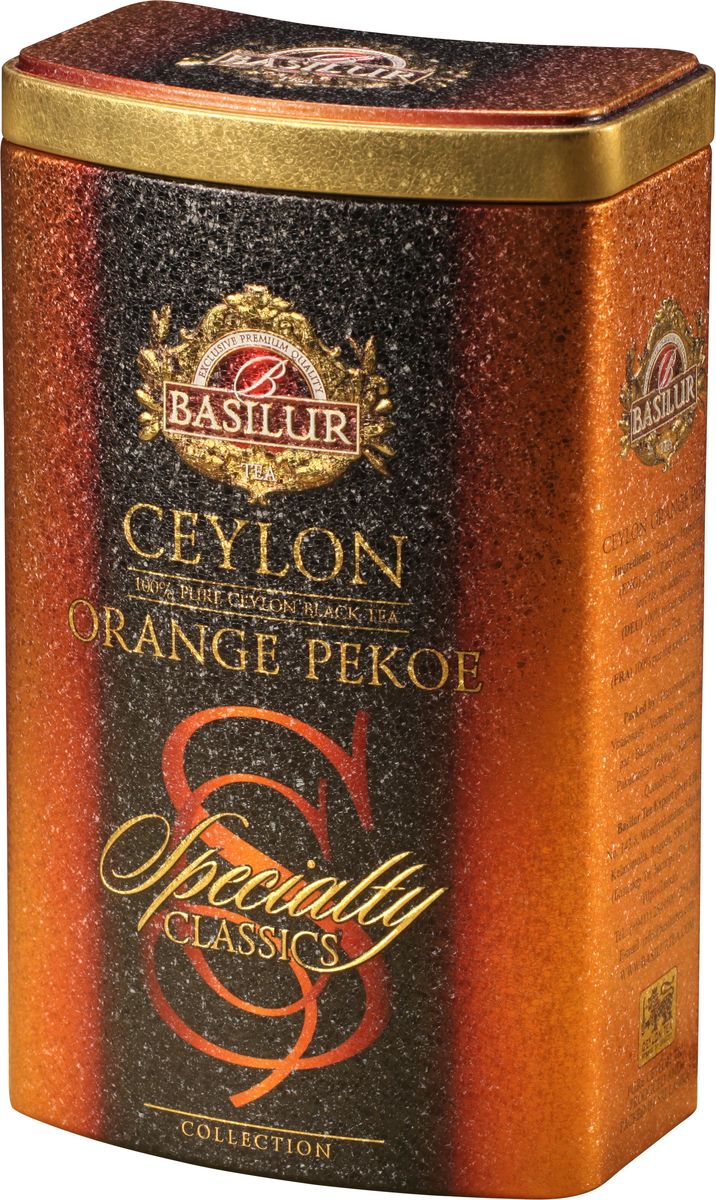 Basilur Ceylon Orange Pekoe черный листовой чай, 100 г (жестяная банка)70175-01 Basilur Ceylon Orange Pekoe черный листовой чай, 100 г (жестяная банка)70175-01Чай чёрный цейлонский байховый листовой Basilur Ceylon Orange Pekoe. Этот изысканный чай выращен на лучших горных чайных плантациях Цейлона. Чай сорта OP (Оранж Пеко) - это чай из двух верхних молодых листочков, покрытых нежным пушком. Молодой, нежный лист чая дает крепкий настой и приятный аромат.