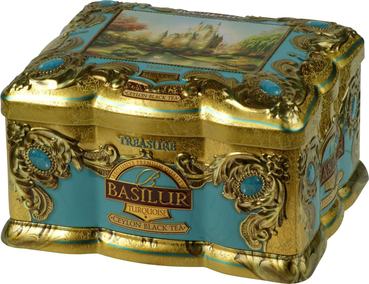 Basilur Turquoise черный листовой чай, 100 г (жестяная банка)70997-00 Basilur Turquoise черный листовой чай, 100 г (жестяная банка)70997-00Чёрный цейлонский байховый листовой чай Basilur Turquoise с кусочками манго и папайи, лепестками цветов и ароматами корицы и персика взбодрит и подарит тепло в течение всего дня. Красивая шкатулка с изображением замка будет приятным подарком к любому празднику, а также прекрасно украсит любое чаепитие!