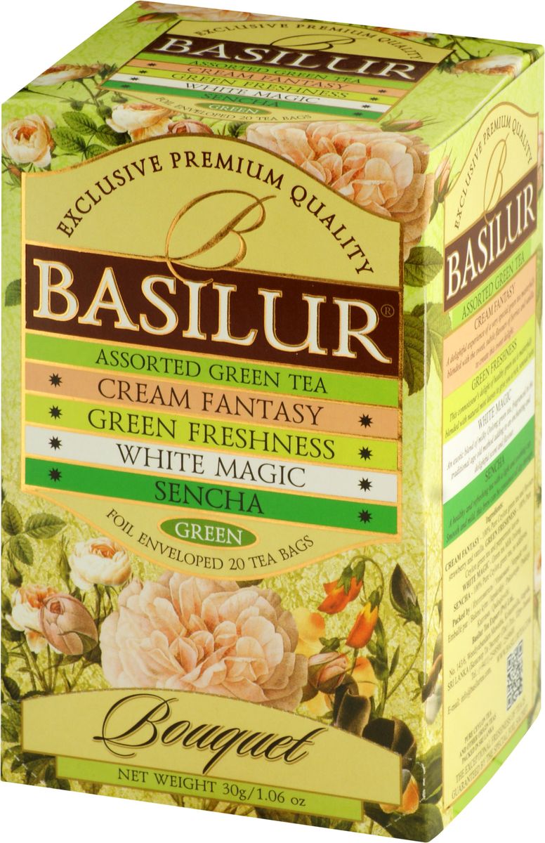 Basilur Assorted Bouquet зеленый чай в пакетиках, 20 шт70197-00 Basilur Assorted Bouquet зеленый чай в пакетиках, 20 шт70197-00Basilur Assorted Bouquet - коллекция, состоящая из различных сортов зеленого чая в пакетиках. Состав: Кремовая фантазия - зеленый цейлонский мелколистовой чай с ароматами клубники и ванили; Зеленая свежесть - зеленый цейлонский мелколистовой чай с перечной мятой; Белое волшебство - зеленый китайский чай с молочным ароматом; Сенча - зеленый мелколистовой цейлонский чай Сенча.