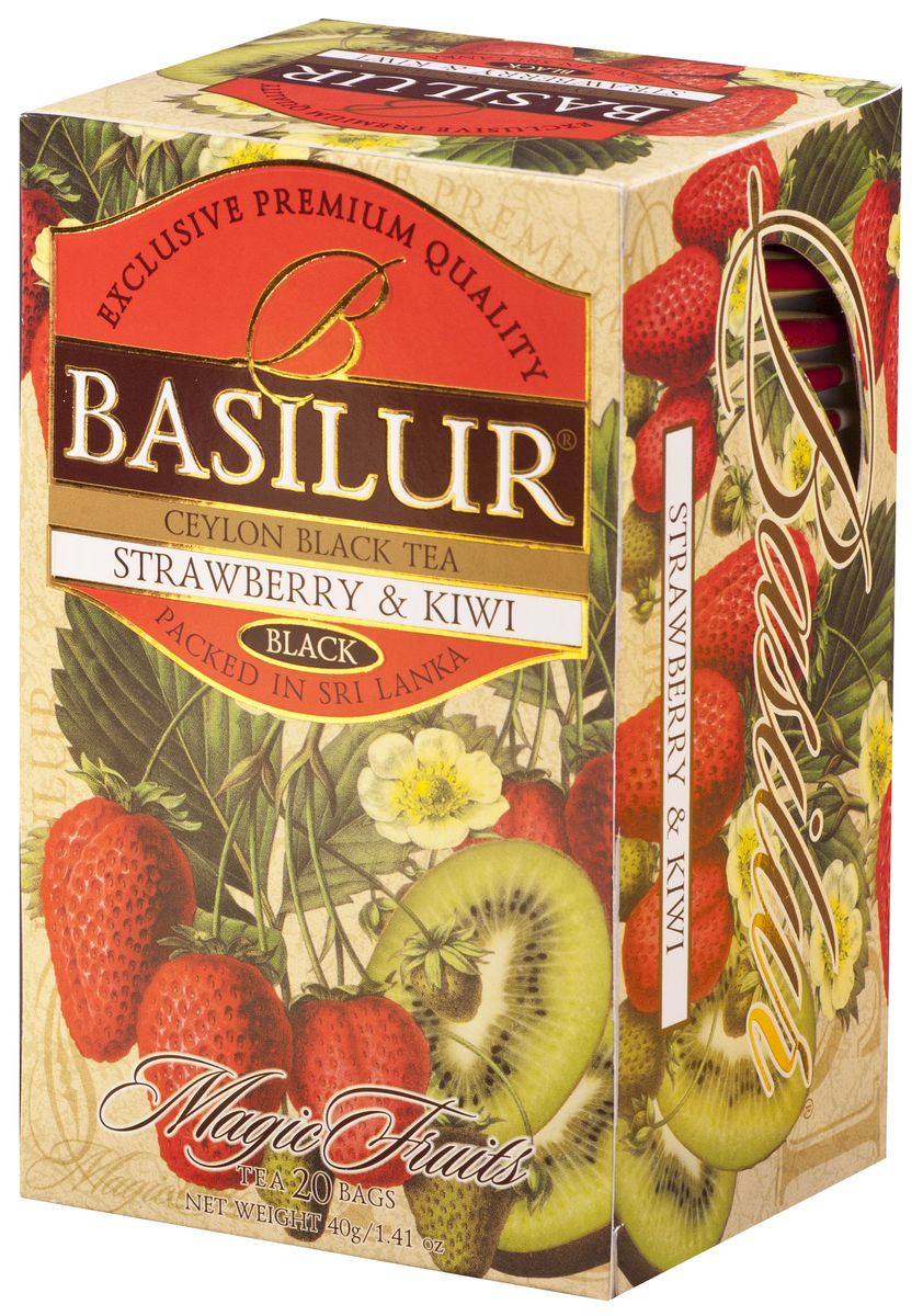 Basilur Strawberry and Kiwi черный чай в пакетиках, 20 шт70170-00 Basilur Strawberry and Kiwi черный чай в пакетиках, 20 шт70170-00Чай чёрный цейлонский байховый мелколистовой Basilur Strawberry and Kiwi с яблоком и ароматами клубники и киви в пакетиках с ярлычками для разовой заварки. Basilur Клубника и киви - богатый вкус элитного чёрного цейлонского чая, дополненный ярким ароматом спелой клубники и сочных плодов киви, снимает усталость, освежает и поднимает настроение.