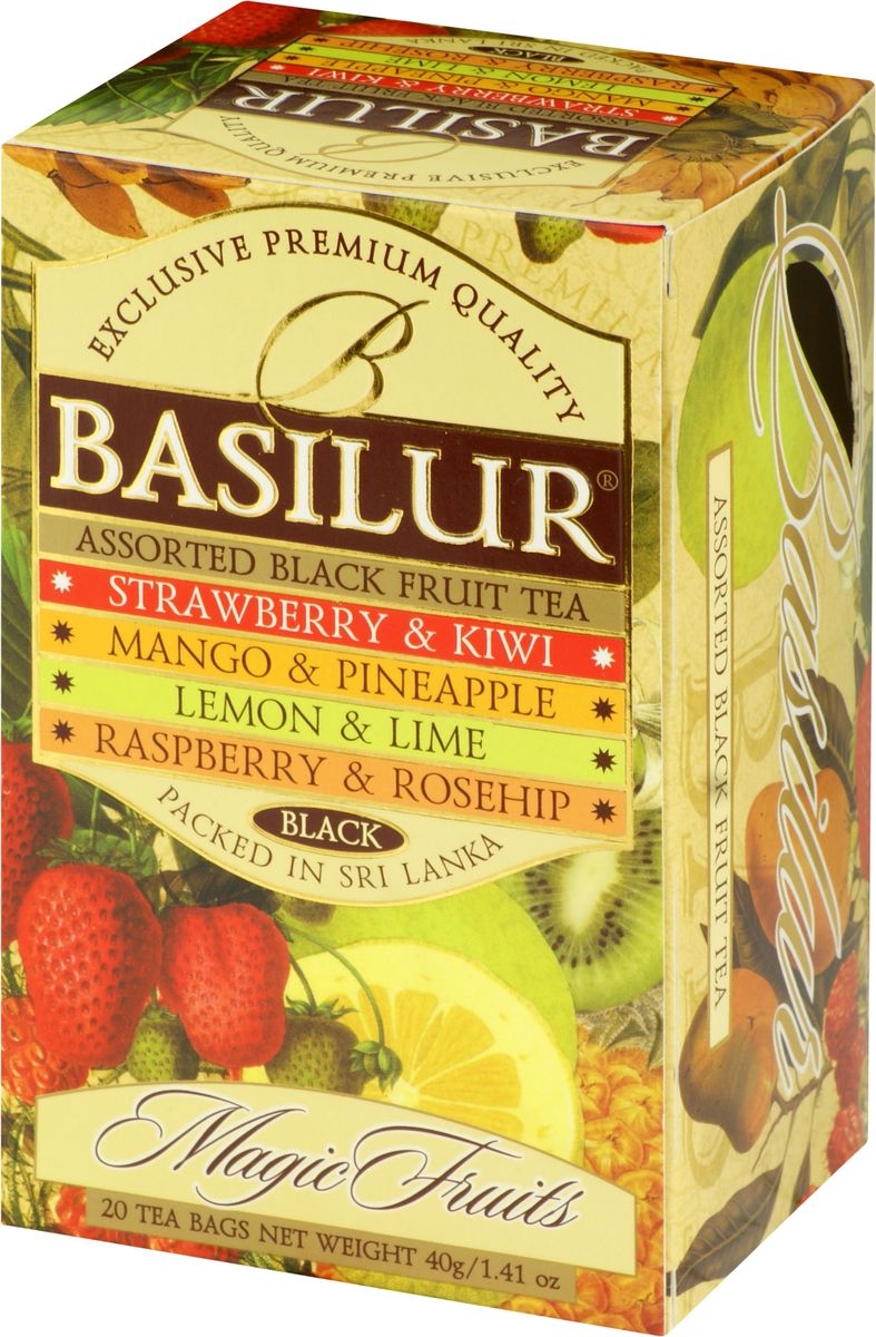 Basilur Assorted Magic Fruits черный чай в пакетиках, 20 шт70183-00 Basilur Assorted Magic Fruits черный чай в пакетиках, 20 шт70183-00Basilur Assorted Magic Fruits - цейлонский байховый мелколистовой чай с различными фруктовыми ароматами. Состав: Клубника и киви: черный мелколистовой чай с яблоком, ароматами клубники и киви; Манго и ананас: черный мелколистовой чай с ароматами манго и ананаса; Лимон и лайм: черный мелколистовой чай с ароматами лимона и лайма; Малина и шиповник: черный мелколистовой чай с шиповником и ароматам малины.