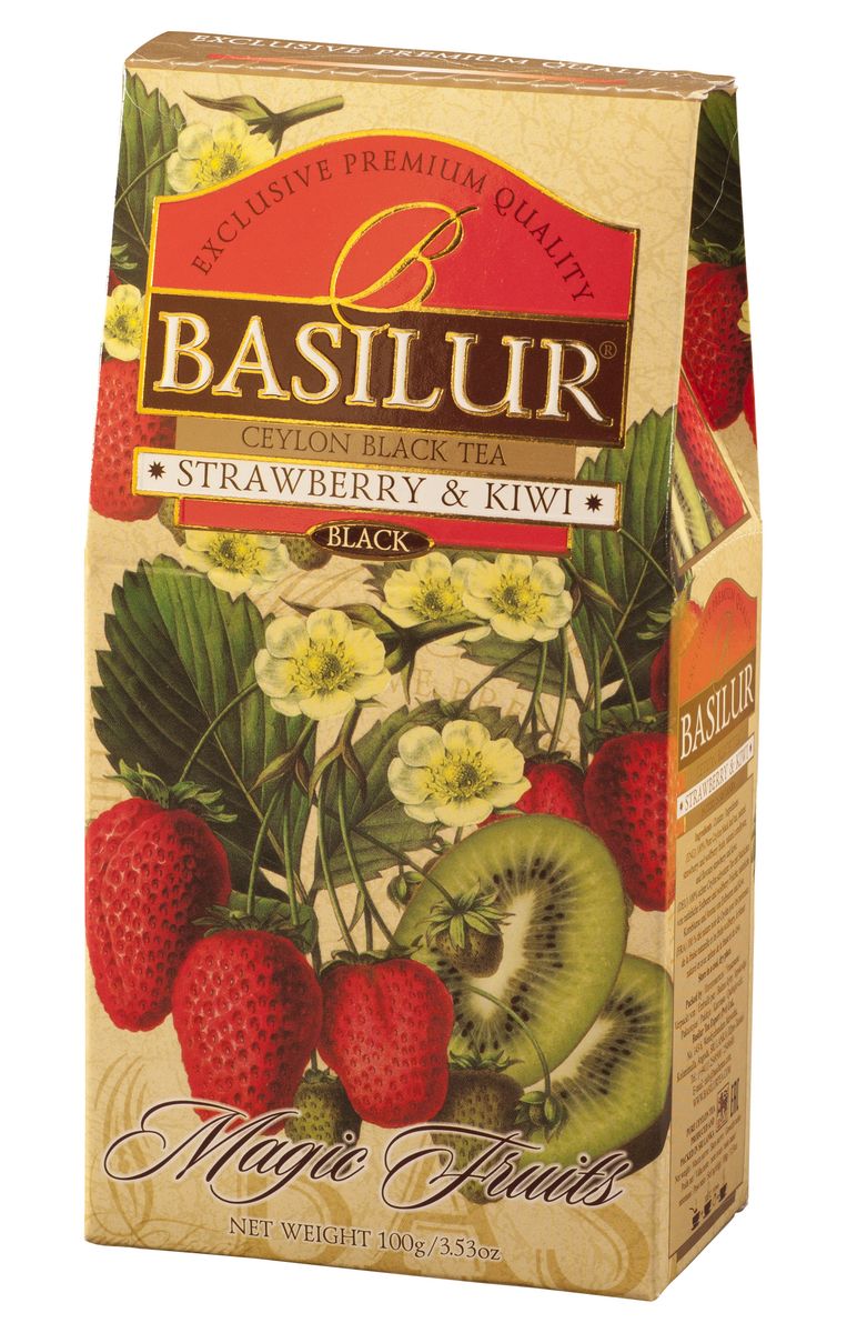 Basilur Strawberry & Kiwi черный листовой чай, 100 г70187-00 Basilur Strawberry & Kiwi черный листовой чай, 100 г70187-00Чай чёрный цейлонский байховый листовой Basilur Strawberry and Kiwi с кусочками клубники и китайской дерезы, лепестками василька и ароматами клубники и киви. Клубника и киви - богатый вкус элитного чёрного цейлонского чая, дополненный ярким ароматом спелой клубники и сочных плодов киви, снимает усталость, освежает и поднимает настроение.