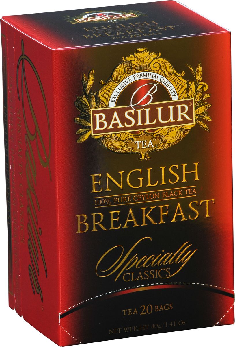Basilur English Breakfast черный чай в пакетиках, 20 шт70184-00 Basilur English Breakfast черный чай в пакетиках, 20 шт70184-00Basilur English Breakfast - черный байховый мелколистовой чай в пакетиках с ярлычками для разовой заварки. Насыщенный, крепкий и богатый вкус черного чая хорошо сочетается с молоком и сахаром, в стиле, который традиционно ассоциируется с настоящим английским завтраком.