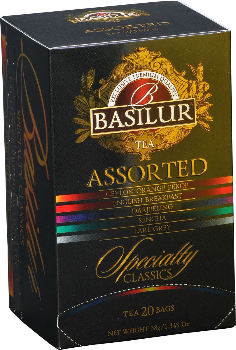 Basilur Assorted Specialty Classics черный чай в пакетиках, 20 шт70296-00 Basilur Assorted Specialty Classics черный чай в пакетиках, 20 шт70296-00Basilur Assorted Specialty Classics - коллекция, состоящая из зеленого и черного чая различных видов. Состав: Цейлон Оранж Пеко, Английский завтрак - черный цейлонский байховый чай; Дарджилинг - черный индийский байховый чай; Сенча - зеленый цейлонский байховый чай; Эрл Грей - черный цейлонский байховый чай.