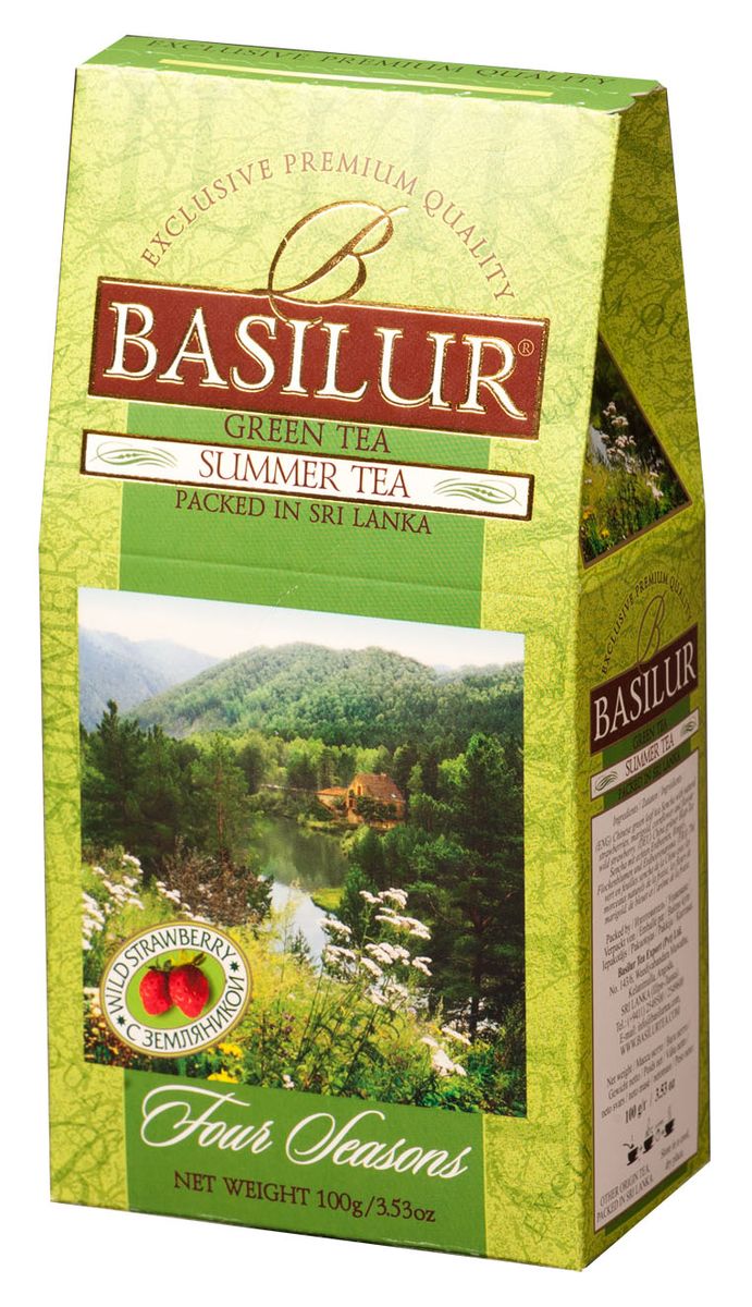 Basilur Summer Tea зеленый листовой чай, 100 г70339-00 Basilur Summer Tea зеленый листовой чай, 100 г70339-00Чай зелёный цейлонский байховый листовой и чай зелёный китайский байховый листовой (смесь) с кусочками папайи и земляники, лепестками цветов и ароматом земляники. Лето - время расцвета всей природы, тепла и солнца, отпусков и каникул, цветочных полян и первых летних лесных ягод! Великолепный зелёный чай Basilur Summer Tea с нежными лепестками полевых цветов и ярким ароматом спелой земляники будет радовать вас всегда, напоминая это беззаботное время отдыха.