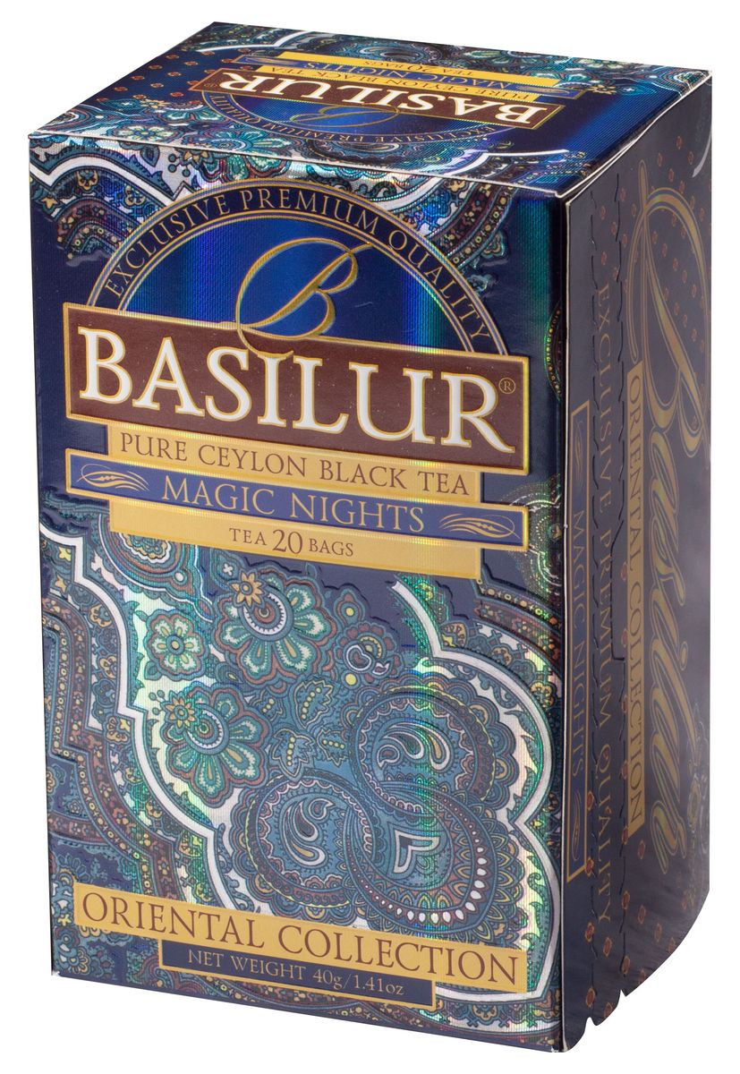 Basilur Magic Nights черный чай в пакетиках, 20 шт70416-00 Basilur Magic Nights черный чай в пакетиках, 20 шт70416-00Чай чёрный цейлонский байховый мелколистовой Basilur Magic Nights с ароматами клубники, абрикоса, ананаса и папайи в пакетиках с ярлычками для разовой заварки. Настоящий цейлонский чай с натуральными ягодами и лепестками цветов от Basilur. Волшебный аромат каждой чашки этого напитка напомнит вам мир восточной сказки.