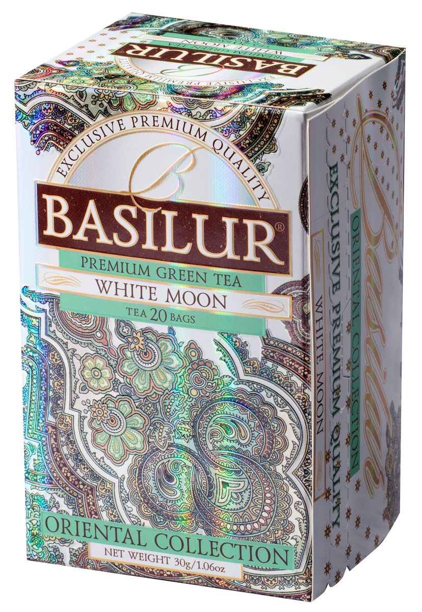 Basilur White Moon зеленый чай в пакетиках, 20 шт70417-00 Basilur White Moon зеленый чай в пакетиках, 20 шт70417-00Чай зелёный китайский байховый мелколистовой Basilur White Moon с молочным ароматом в пакетиках с ярлычками для разовой. Этот сорт создан на основе древней китайской рецептуры чая улун (oolong). Его отличительными чертами являются шелковистая текстура чайного листа, нежный молочный вкус и аромат настоя.