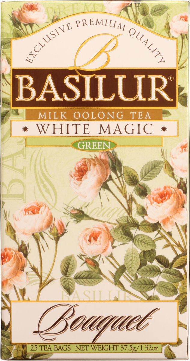 Basilur White Magic зеленый чай в пакетиках, 25 шт70627-00 Basilur White Magic зеленый чай в пакетиках, 25 шт70627-00Чай зелёный китайский байховый мелколистовой Basilur White Magic с молочным ароматом в пакетиках с ярлычками для разовой заварки Чай Basilur White Magic - это уникальное сочетание молочного зелёного чая улун (Oolong), который составляет основу старинной традиционной рецептуры приготовления напитка восхитительного вкуса и аромата.