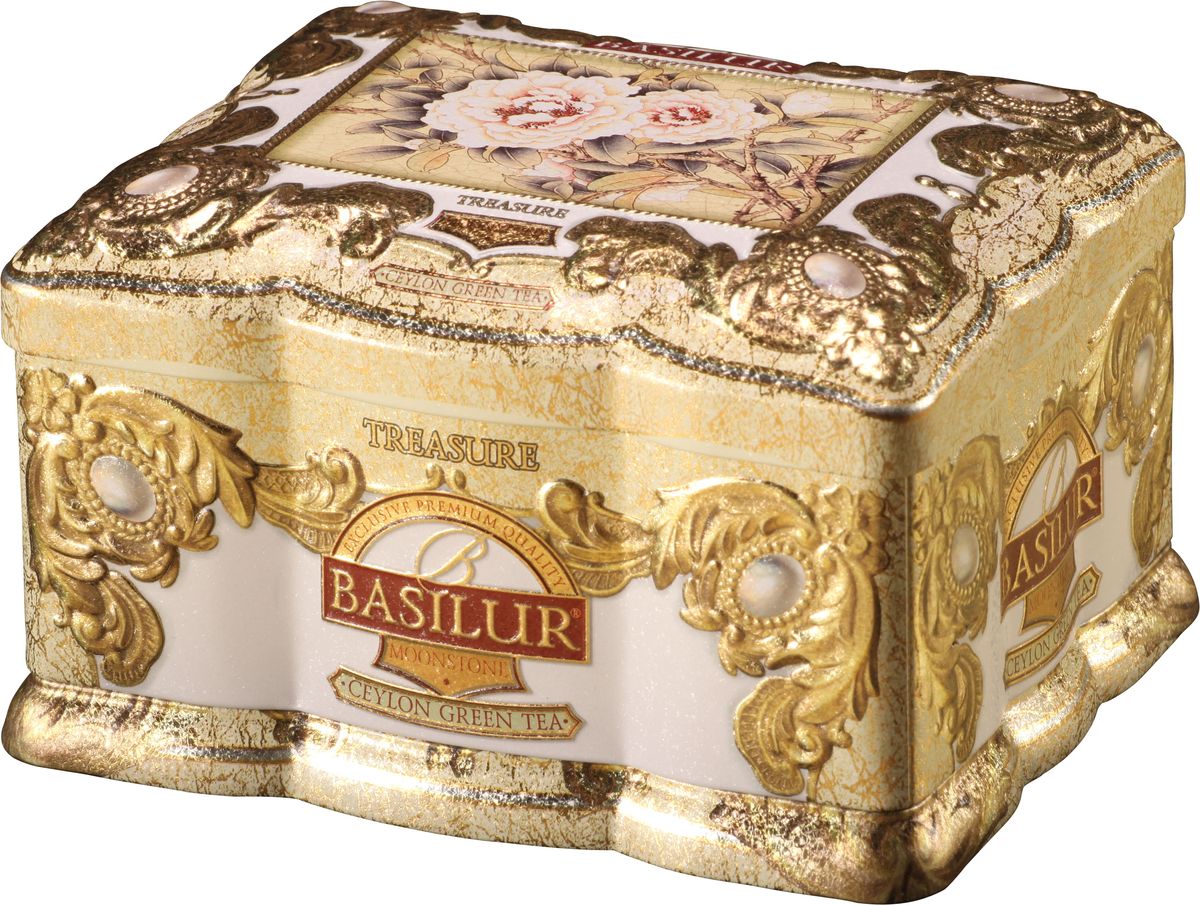 Basilur Moonstone зеленый листовой чай, 100 г (жестяная банка)70643-00 Basilur Moonstone зеленый листовой чай, 100 г (жестяная банка)70643-00Basilur Moonstone - зелёный цейлонский чай с лепестками календулы и василька, цветами апельсина и упоительным ароматом миндаля и жасмина. Подарочная упаковка изготовлена в виде ларца, инкрустированного лунным камнем. Этот чай будет прекрасным подарком для настоящих ценителей напитка, а великолепная коробка станет настоящим украшением дома!