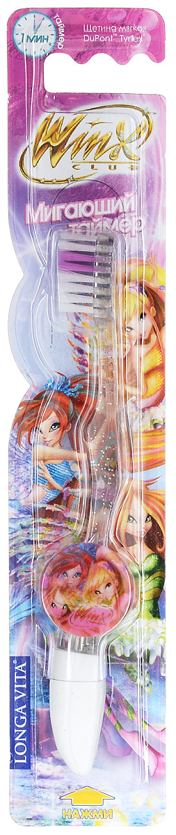 Longa Vita Детская зубная щетка Winx с мигающим таймером от 3 лет121068_прозрачный Longa Vita Детская зубная щетка Winx с мигающим таймером от 3 лет121068_прозрачныйДетская зубная щетка Longa Vita Winx предназначена для детей от 3 лет. Мигающий таймер, который работает 60 секунд, помогает ребенку определить необходимое время для чистки зубов, формируя полезную привычку - заботиться о здоровье полости рта. Щетка имеет эргономичную ручку, небольшую чистящую головку, цветовое поле мягкой щетины для оптимального дозирования пасты. Для включения таймера нажмите кнопку, находящуюся на щетке. Отключение происходит автоматически, через 60 секунд. В щетке использованы незаменяемые батарейки. Работы батареек хватает для использования щетки в течение времени, рекомендованного стоматологами. Стоматологи рекомендуют менять зубную щетку каждые 3 месяца. Ребенок должен чистить зубы под присмотром взрослых.