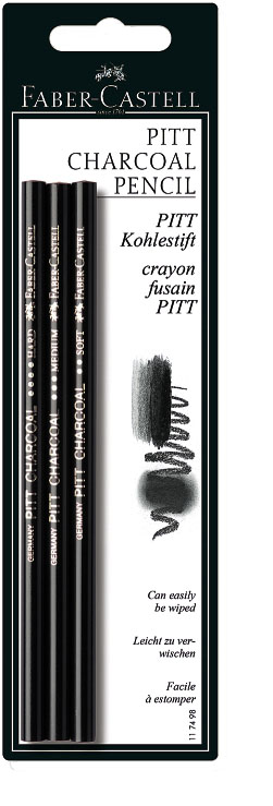 Faber-Castell Набор угольных карандашей Pitt 3 шт117498 Faber-Castell Набор угольных карандашей Pitt 3 шт117498Набор угольных карандашей Faber-Castell Pitt включает в себя 3 карандаша различной твердости: Soft, Medium и Hard. Прессованный уголь отличается высочайшим качеством, обеспечивает самый темный оттенок черного цвета. Прессованный уголь для рисования выпускается в виде деревянных карандашей и особенно удобен в использовании, в том числе для начинающих. Уголь, запрессованный в дереве, оставляет насыщенный черный след на бумажной поверхности.