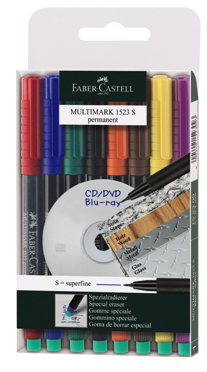 Faber-Castell Капиллярная перманентная ручка Multimark S для письма на CD 8 цветов152309 Faber-Castell Капиллярная перманентная ручка Multimark S для письма на CD 8 цветов152309Капиллярная перманентная ручка Multimark предназначена для письма на CD, DVD дисках, пленках для проекторов и других гладких поверхностях. Ручка с обратной стороны содержит специальный ластик для стирания чернил. Чернила быстросохнущие, с яркими цветами, корпус изготовлен из прочного пластика. В наборе 8 цветов: черный, красный, синий, зеленый, коричневый, оранжевый, фиолетовый, желтый.