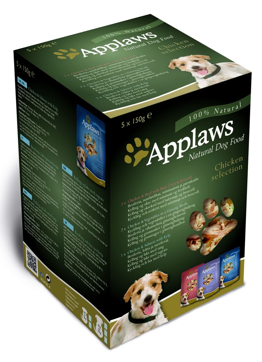 Набор для Собак Куриное ассорти: 5шт.*150г (Dog Chicken MP Pouch), 750 г10290 Набор для Собак Куриное ассорти: 5шт.*150г (Dog Chicken MP Pouch), 750 г10290Паучи для собак Applaws – это 150 г настоящего удовольствия. Нежное мясо/рыба в собственном бульоне с лакомыми добавками, как: лосось, молодые овощи и пр. Ламинированная упаковка из пищевой фольги прекрасно сохраняет все вкусовые качества рецепта. В состав паучей входят только перечисленные компоненты. Applaws – все только натурально, ничего лишнего! Продукт не содержит ГМО, синтетических добавок, усилителей вкуса и красителей. Набор состоит из: - 2х Паучи для Собак с Курицей, Говядиной и овощным ассорти (DogChicken&Beef - VegPouch); - 1х Паучи для Собак с Курицей, Лососем и овощным ассорти (DogChicken&Salmon - VegPouch); - 2х Паучи для Собак с Курицей и овощным ассорти (DogChickenandMixedVegPouch) Условия хранения: в прохладном темном месте