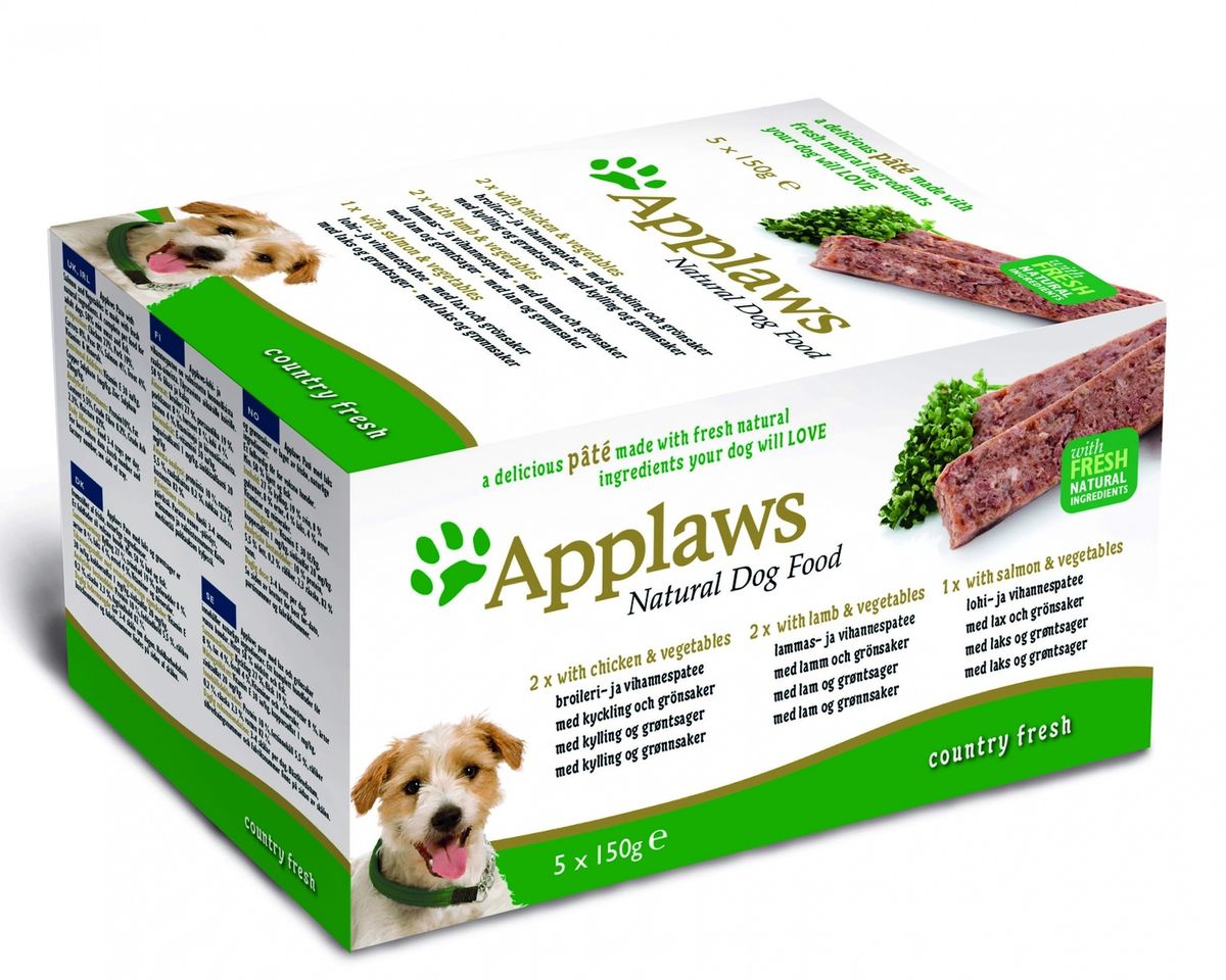Набор для Собак Курица, Ягненок, Лосось: 5шт.*150г ( Dog Pate MP Country Selection -Chicken, Lamb, Salmon), 750 г10297 Набор для Собак Курица, Ягненок, Лосось: 5шт.*150г ( Dog Pate MP Country Selection -Chicken, Lamb, Salmon), 750 г10297Нежный паштет Applaws – это полнорационная порция мясного/рыбного мусса с добавлением всех необходимых для собаки витаминов и минералов. Упаковка в виде алюминиевого контейнера прекрасно сохраняет качество ингредиентов и его непревзойденный вкус. Набор состоит из: 2 х Курица с овощами. Applaws Паштет с курицей и овощами производится из свежих натуральных ингредиентов. Корм для взрослых собак минимум 58% мяса и рыбы. Состав: Курица 31%, свинина 19%, морковь 8%, горох 8%, Индейка 4%, рыба 4%. Витамины и минералы: Витамин Е 30 МЕ / кг, сульфат меди 1 мг / кг, цинка сульфат 20 мг / кг. Пищевая ценность: Белки 10%, жирность 5,5%, Сырая клетчатка 0,2%, сырая зола 2,3%, Влажность 82%. 150 г 2 х Ягненок с овощами Applaws Паштет с бараниной и овощами производится из свежих натуральных ингредиентов.Корм для взрослых собак минимум 58% мяса и рыбы. Состав: Курица 27%, свинина 19%, морковь 8%, горох 8%, ягненок 4%, индейка 4%, рыба 4%. ...