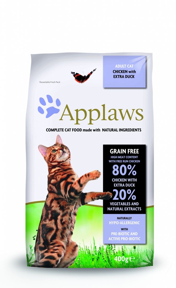 Беззерновой для Кошек Курица и Утка/Овощи: 80/20% (Dry Cat Chicken with Duck), 400 г24392 Беззерновой для Кошек Курица и Утка/Овощи: 80/20% (Dry Cat Chicken with Duck), 400 г24392Беззерновая линейка Холистик кормов для кошек Applawsизготовлена по особым рецептам, разработанными диетологами института Великобритании. Правильная диета очень важна для питомцев, ведь она меняется в зависимости от жизненного цикла. Также полнорационные корма должны включать в себя необходимое количество витаминов и минералов. В рецептах сухих кормов Applaws учтен не только перечень наиболее необходимых минералов и витаминов, но и их строгий баланс. Так как сухой корм изготавливается только из натуральных качественных ингредиентов, крокеты привлекут внимание любого, даже очень привередливого питомца. Состав: Дегидрированное мясо цыпленка (мин. 52%),дегидрированное филе утки (мин. 21%), молодой картофель (мин. 6%), свекла, пивные дрожжи, подлива с мяса птицы приготовленной в собственном соку (мин. 1%), лососевый жир (источник Омега 3), витамины и минералы, яичный порошок (мин. 3%), клетчатка, хлорид натрия, карбонат кальция, сушеные водоросли, клюква, DL - метионин,...