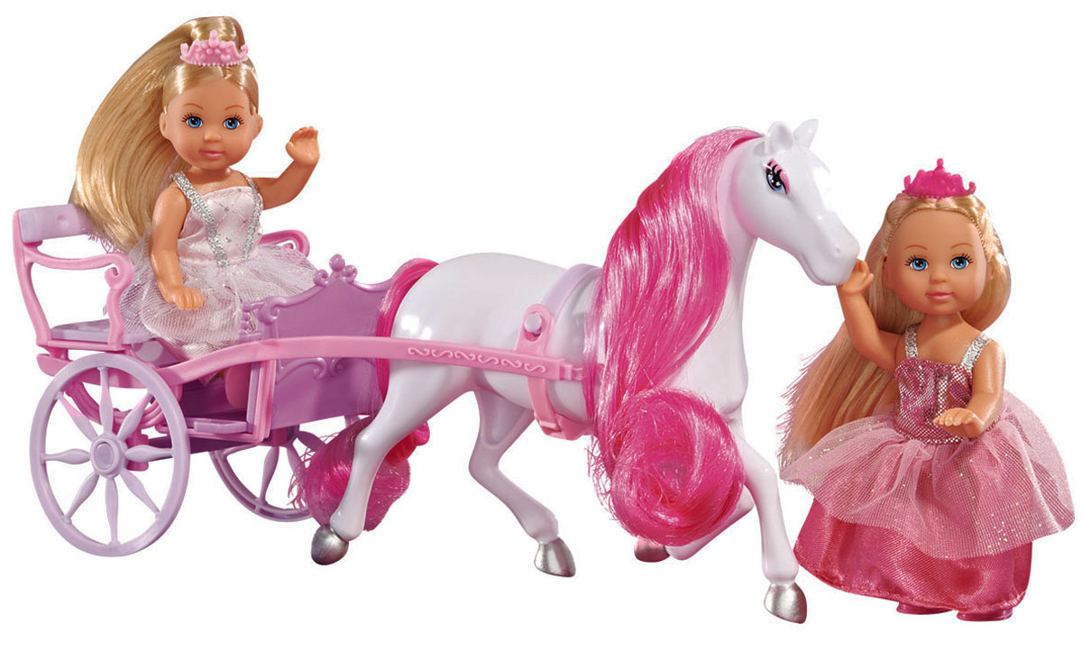 Simba Игровой набор с мини-куклами Evi Love Romantic Carriage5736646 Simba Игровой набор с мини-куклами Evi Love Romantic Carriage5736646Игровой набор Две Еви-принцессы и лошадь с каретой не оставит равнодушной ни одну девочку. Две крошка Еви катаются карете, запряженной белой лошадкой с ярко-розовой гривой. Куколки с длинными светлыми волосами одеты в розовые платья принцесс, на головах у них - диадемы. На ножках - розовые туфельки. Одежда и обувь у куколок снимаются, ручки, ножки и голова подвижны. Набор включает двух кукол и лошадку с каретой. Вашей малышке обязательно понравится этот сказочный набор. Порадуйте ее таким замечательным подарком!