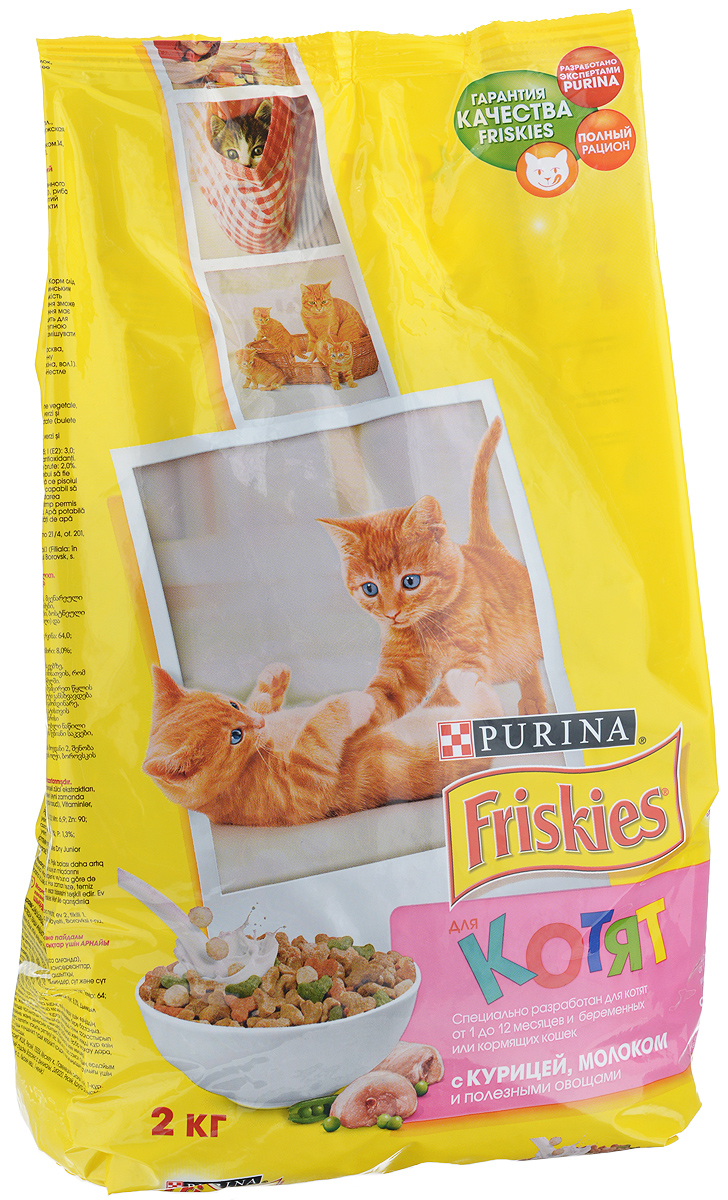 Корм сухой для котят Friskies Junoir, с курицей, морковью и молоком, 2 кг5118345 Корм сухой для котят Friskies Junoir, с курицей, морковью и молоком, 2 кг5118345Friskies для котят - это полнорационное сбалансированное питание, специально разработанное для здорового развития Вашего котенка. Благодаря содержанию курицы, овощей, минеральных веществ и витаминов, корм Friskies для котят обеспечивает правильный переход от материнского молока к твердой пище. Состав: злаки и продукты переработки злаков, продукты переработки мяса и мясных субпродуктов (мин. 4% курицы в коричневых крокетах), соевая мука, животный жир, продукты переработки рыбы и рыбных субпродуктов, вкусоароматическая кормовая добавка, регулятор кислотности, красители, минеральные вещества, витамины, антиокислители, овощи (4% моркови в оранжевых крокетах), молоко и продукты переработки молока (мин. 4% молока в светло-бежевых крокетах). Пищевая ценность в 100 г: белок - 40 г, жир - 12 г, клетчатка - 1,5 г, зола - 9 г, кальций - 1,6 г, фосфор - 1,5 г, натрий - 0,8 г, магний - 0,14 г, железо - 20 мг, цинк - 19 мг, марганец - 3 мг, медь - 2 мг, селен - 49 мкг, витамин А -...