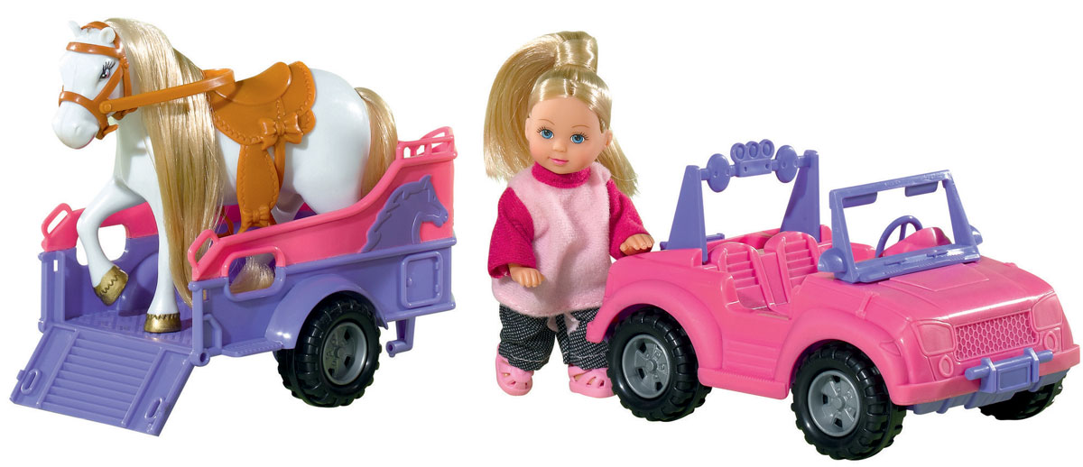 Simba Игровой набор с мини-куклой Evi Love Evi Jeep&Trailer5737460 Simba Игровой набор с мини-куклой Evi Love Evi Jeep&Trailer5737460Игровой набор Еви и трейлер с лошадкой не оставит равнодушной ни одну девочку. Очаровательная куколка Еви отправилась в лес со своей лошадкой. Еви едет на розовой машинке, а лошадка поместилась в трейлер. Куколка с длинными светлыми волосами одета в розовую кофточку и штанишки. Одежда и обувь у куколки снимается, ручки, ножки и голова подвижны. Набор включает куклу, машину, трейлер и лошадку. Вашей малышке обязательно понравится этот чудесный игровой набор. Порадуйте ее таким замечательным подарком!