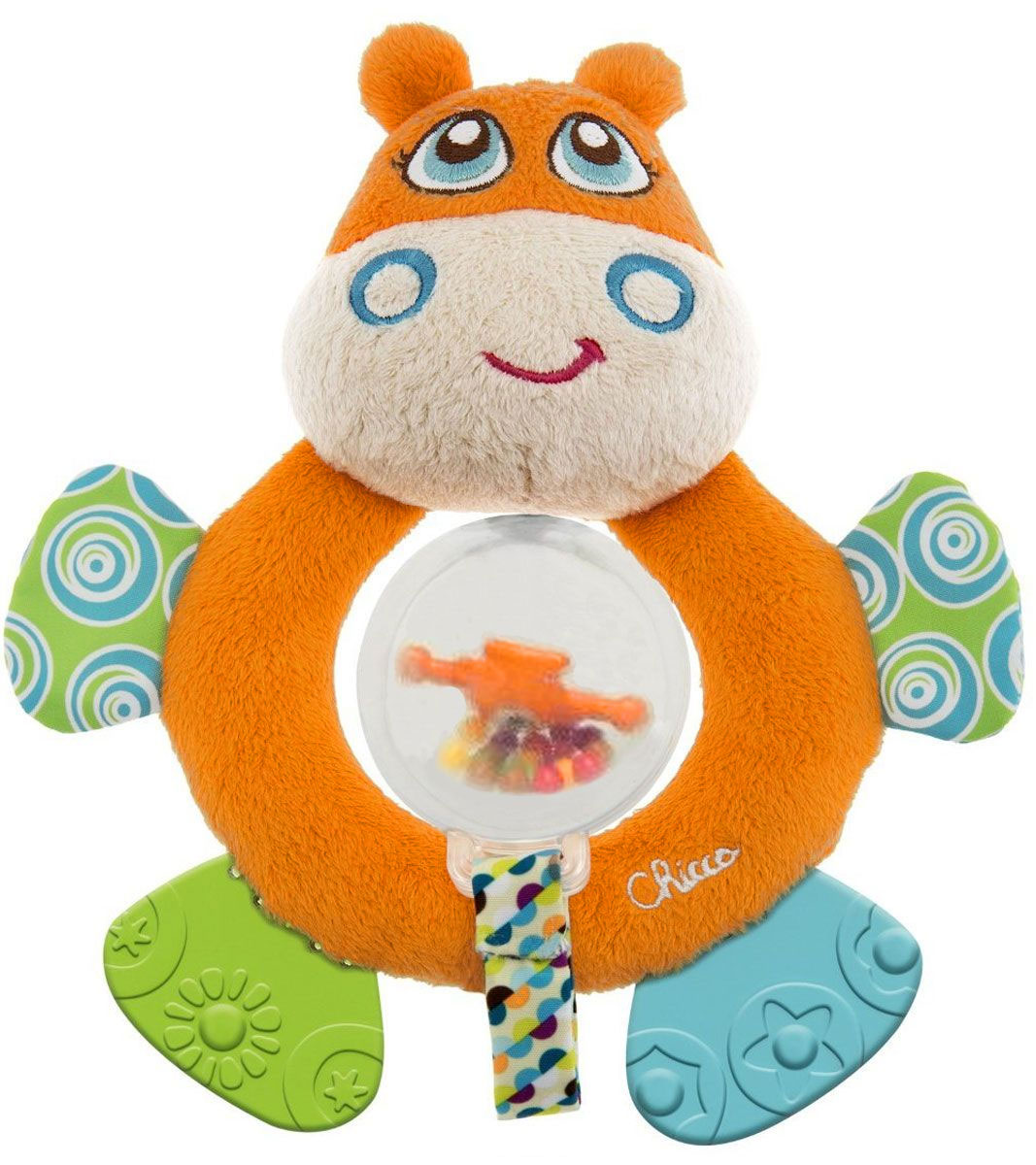 Chicco Игрушка-погремушка Бегемот00007200000000 Chicco Игрушка-погремушка Бегемот00007200000000Мягкая игрушка-погремушка Бегемот привлечет внимание вашего малыша и не позволит ему скучать! Игрушка выполнена из мягкого текстильного материала в виде симпатичного бегемотика. Его глазки, носик и щечки вышиты нитками, а если нажать на голову, то послышится звук пищалки. На его животике имеется отверстие, к которому пришита лента с прозрачной сферой, внутри которой находятся маленькие разноцветные шарики. Если игрушку потрясти, шарики будут весело перекатываться и греметь. Ножки бегемотика из безопасного пластика с разными рисунками, их можно использовать как прорезыватели для маленьких зубиков. Если потрогать ручки игрушки, то услышите шуршащий звук. Форма погремушки удобна для маленьких ручек ребенка. Он сможет ее держать, трясти и перекладывать из одной ручки в другую. Яркая игрушка-погремушка поможет малышу в развитии цветового и звукового восприятия, концентрации внимания, мелкой моторики рук, координации движений и тактильных ощущений.