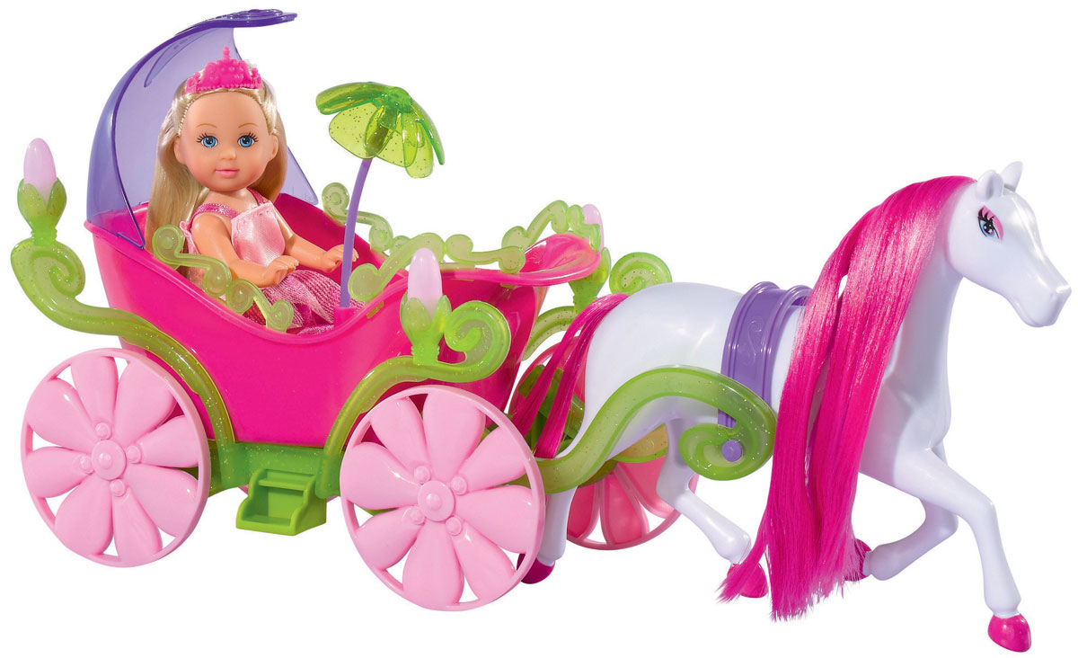 Simba Игровой набор с мини-куклой Evi Love Fairy Carriage5735754 Simba Игровой набор с мини-куклой Evi Love Fairy Carriage5735754Игровой набор Еви в карете и лошадь не оставит равнодушной ни одну девочку. Очаровательная куколка Еви в образе принцессы. Она управляет шикарной розовой каретой, запряженной длинногривой лошадкой. У кареты по бокам светятся фонарики. Куколка с длинными светлыми волосами одета в розовое платье принцессы и диадему. На ножках - розовые туфельки. Одежда и обувь у куколки снимается, ручки, ножки и голова подвижны. Набор включает куклу, карету и лошадку. Вашей малышке обязательно понравится этот чудесный игровой набор. Порадуйте ее таким замечательным подарком.