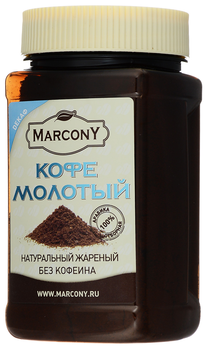 Marcony Декаф молотый кофе, 150 г4602009393945 Marcony Декаф молотый кофе, 150 г4602009393945Marcony Декаф - разумный выбор для ценителей кофе, имеющих ограничения в потреблении кофеина. Яркий букет вкуса этого сорта отличают бархат молочного шоколада с лёгкими цитрусовыми акцентами и тонкой линией свежести южно-американских цветущих садов.