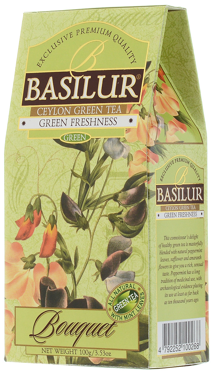 Basilur Green Freshness зеленый листовой чай, 100 г70135-00 Basilur Green Freshness зеленый листовой чай, 100 г70135-00Чай зелёный цейлонский байховый листовой Basilur Green Freshness с перечной мятой и лепестками амаранта и сафлора. Чай Basilur Зелёная свежесть - нежный зелёный чай с перечной мятой. Этот легкий бленд актуален в любое время года. Летом освежает, зимой, после тяжелого трудового дня, успокаивает чувства, осенью и весной насыщает организм полезными веществами.