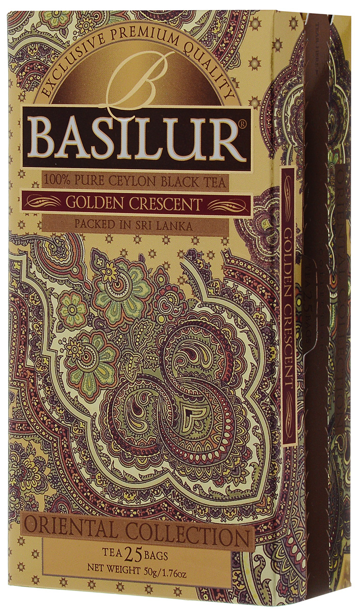 Basilur Golden Crescent черный чай в пакетиках, 25 шт70851-00 Basilur Golden Crescent черный чай в пакетиках, 25 шт70851-00Basilur Golden Crescent - черный байховый мелколистовой чай в пакетиках с ярлычками для разовой заварки. Этот классический натуральный цейлонский чай сорта Pekoe познакомит вас с настоящими древними традициями чайных плантаций Шри-Ланки.