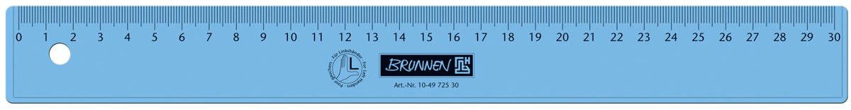 Brunnen Линейка для левши, цвет: синий, 30 см49725-30\BCD_синий Brunnen Линейка для левши, цвет: синий, 30 см49725-30\BCD_синийЛинейка Brunnen, длиной 30 см, выполнена из прозрачного пластика синего цвета. Линейка предназначена специально для левшей. Шкала на линейке расположена справа налево. Линейка Brunnen - это незаменимый атрибут, необходимый школьнику или студенту, упрощающий измерение и обеспечивающий ровность проводимых линий.