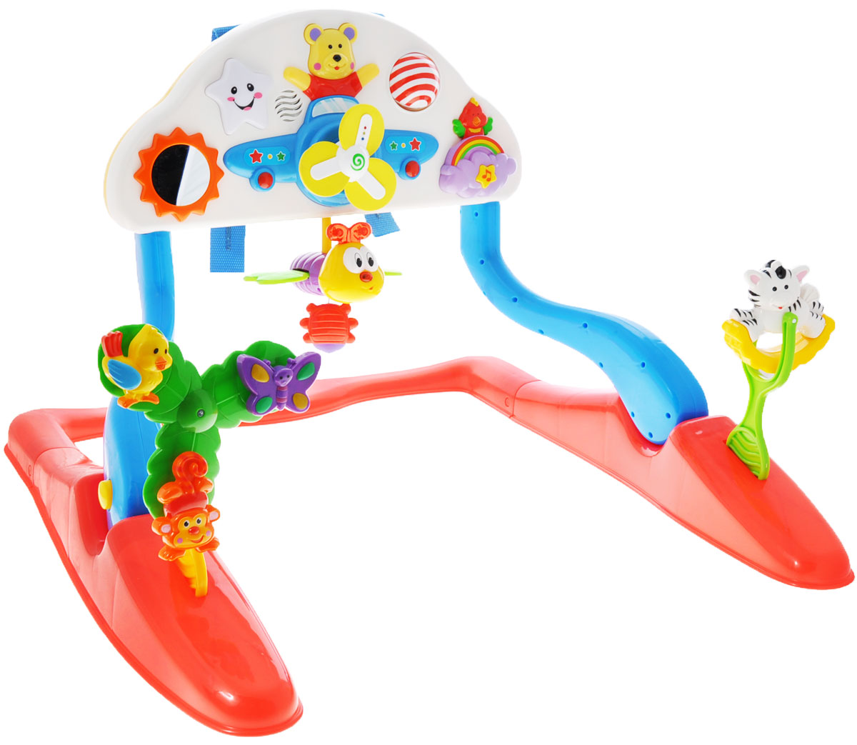 Kiddieland Развивающий гимнастический центр для малыша Flyng funKID 041913 Kiddieland Развивающий гимнастический центр для малыша Flyng funKID 041913Развивающий гимнастический центр для малыша Kiddieland Flyng fun - это яркая игровая стойка на устойчивом основании, которая развлечет малыша мигающими огоньками, забавными мелодиями и приятными звуками. Малыш всегда найдет чем себя занять с таким центром, ведь здесь есть разнообразные кнопки и игрушки, подвески и даже зеркальце. Стойка может устанавливаться в два положения, для игры лежа и для игры сидя. С помощью специальных ремней ее можно закрепить на детской кроватке. На стойке расположены различные кнопочки, нажимая которые, малыш будет слышать забавные мелодии. В центре основной панели расположен самолет с подвижными светящимися лопастями. На основании игрового центра расположены игрушки с крутящимися элементами. Развивающий центр дополнен игрушкой-пчелкой с инерционным механизмом. Игрушка развивает мелкую моторику, мышление, зрительное и звуковое восприятие, повышает двигательную активность малышей. Рекомендуемый возраст: от 18 месяцев. Питание: 3 батарейки типа...