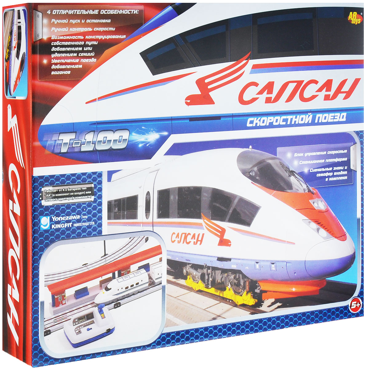 KingFit Игровой набор Скоростной поезд Сапсан T100T100 KingFit Игровой набор Скоростной поезд Сапсан T100T100Яркий игровой набор ABtoys Скоростной поезд привлечет внимание каждого любителя железных дорог и необычных игр. Набор включает в себя 2 локомотива, 11 прямых секция железной дороги, 14 изогнутых секций, 1 секцию с ж/д стрелкой, 1 прямую секцию с входом питания, 1 блок управления, 1 сетевой адаптер, 1 вагон, 2 станционных платформы, 1 комплект сигнальных знаков, 4 контактные щетки. Набор совместим с другими наборами железных дорог или гоночных треков из серии KingFit. Поезд оснащен возможностью ручного пуска и остановки, а также ручного контроля скорости. Путем добавления или удаления секций дороги можно сконструировать собственный уникальный путь. Также в наборе схематичная инструкция на русском языке. Набор позволит ребенку не только получать удовольствие от игры и соревнований, но и развивать пространственное воображение, мелкую моторику рук и координацию движений. Порадуйте его таким замечательным подарком! Отсек для управления поездом может работать...