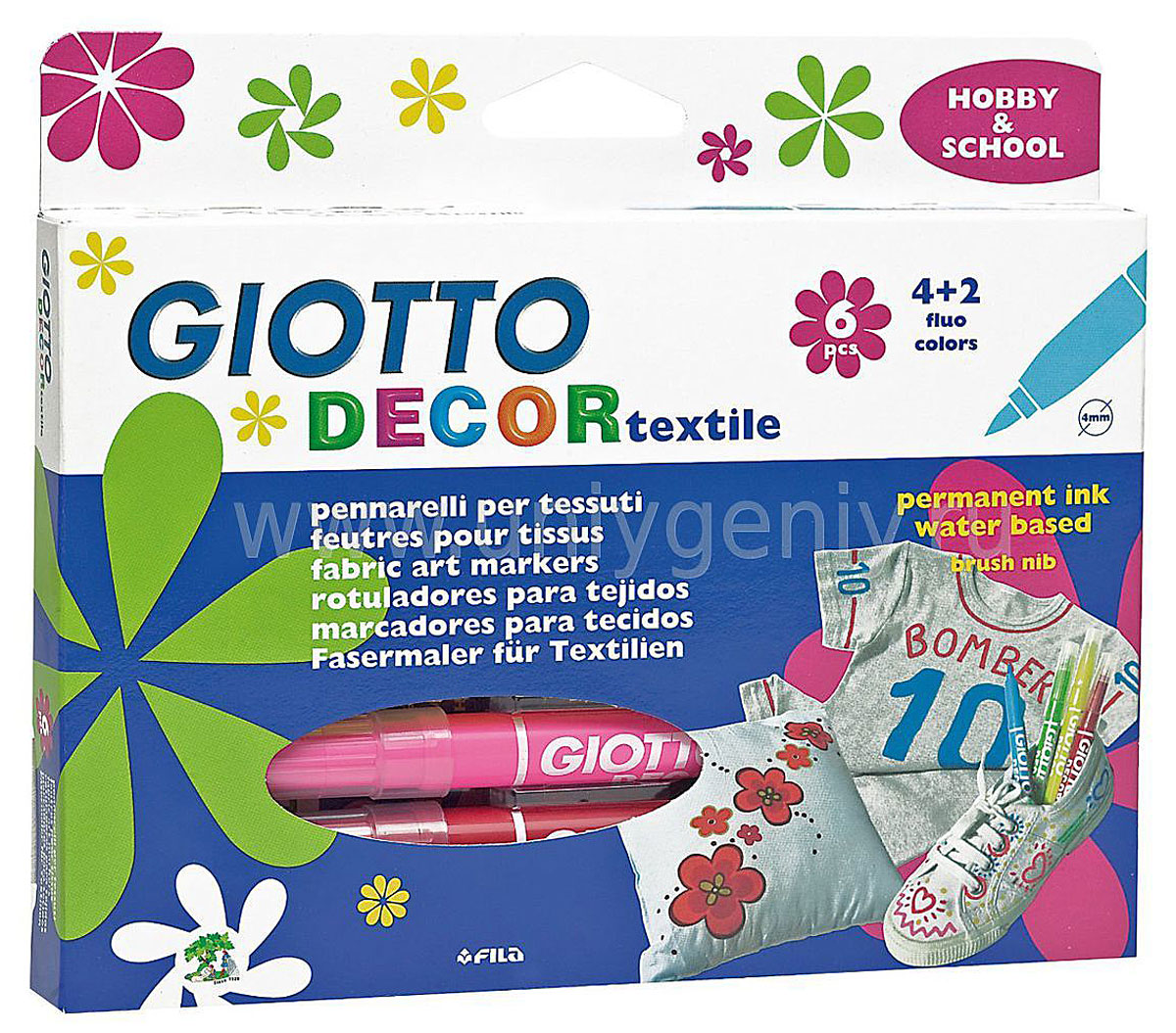 Giotto Фломастеры Decor Textile, для декорирования ткани, 6 цветов494800 Giotto Фломастеры Decor Textile, для декорирования ткани, 6 цветов494800Фломастеры Giotto Decor Textile предназначены для декорирования по ткани. Нужно просто нарисовать необходимый вам узор на ткани и для закрепления перманентного эффекта обязательно пройтись поверх рисунка горячим утюгом без пара. Чернила фломастеров созданы на водной основе и не имеют запаха. В комплекте шесть фломастеров черного, синего, зеленого, желтого, розового и красного цветов.