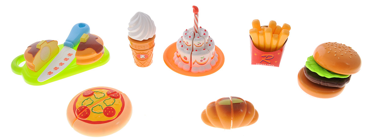 Dong Fan Игровой набор Продукты228E6-5 Dong Fan Игровой набор Продукты228E6-5Игровой набор Продукты предназначен для настоящих кулинаров! Каждый продукт в наборе состоит из двух или более частей, соединяющихся в одно целое при помощи липучки. Ваш ребенок с удовольствием будет разделять продукты на части при помощи специального ножа. В набор входит 8 видов продуктов, среди которых пирог, торт, батон, мороженое, леденец, картофель фри, гамбургер и пицца. Также в комплект входит нож и разделочная доска. Набор поможет ребенку наглядно познакомиться с разными видами продуктов и выучить их названия.