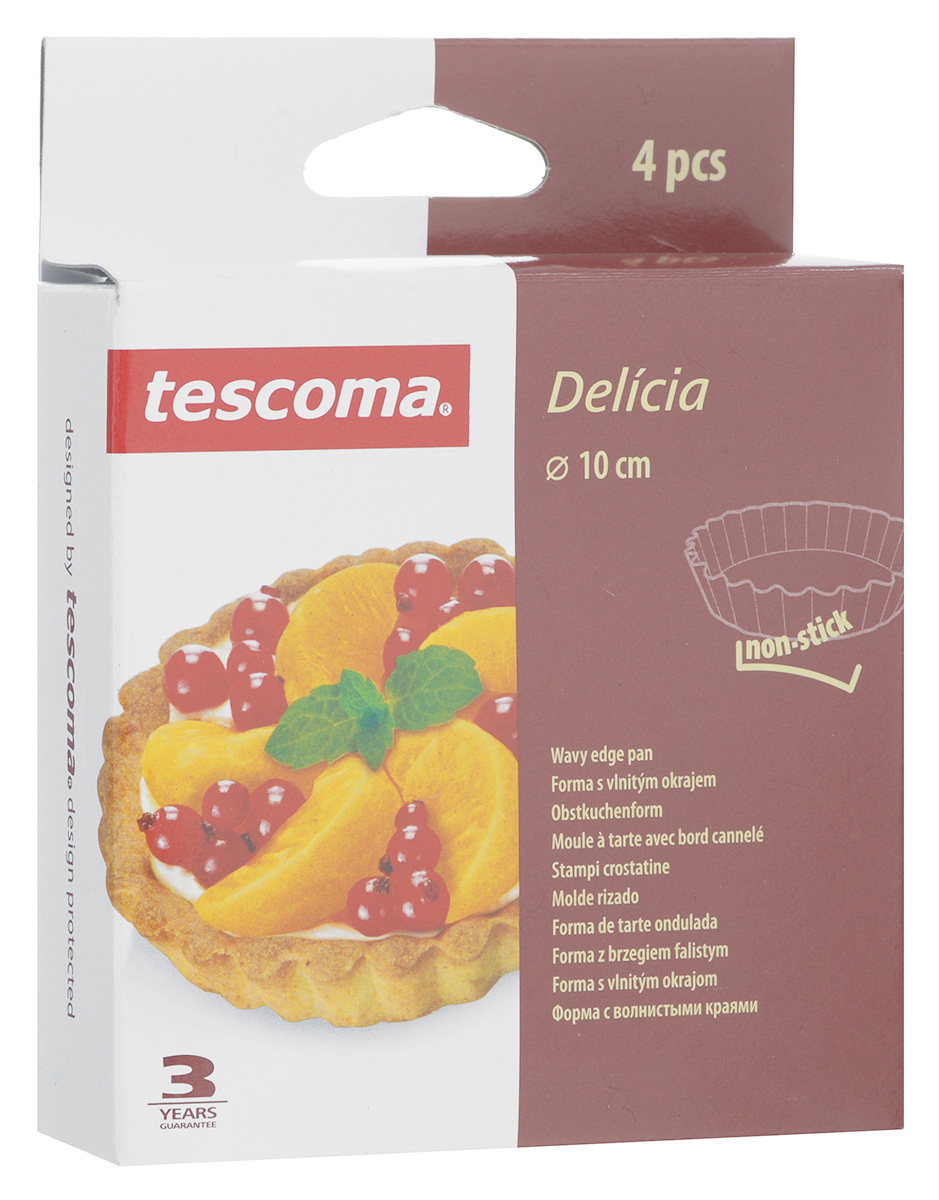 Форма для выпечки Tescoma Delicia, с антипригарным покрытием, диаметр 10 см, 4 шт623110 Форма для выпечки Tescoma Delicia, с антипригарным покрытием, диаметр 10 см, 4 шт623110Формы для выпечки Tescoma Delicia изготовлены из металла с антипригарным покрытием, благодаря чему пища не пригорает и не прилипает к стенкам посуды. Кроме того, готовить можно с добавлением минимального количества масла и жиров. Антипригарное покрытие также обеспечивает легкость мытья. Стенки форм рифленые, что придает выпечке особую аппетитную форму. Подходят для использования в духовом шкафу. Не подходят для СВЧ-печей. Можно мыть в посудомоечной машине. Диаметр формы: 10 см. Высота стенки: 2 см. Толщина стенки: 0,5 мм.
