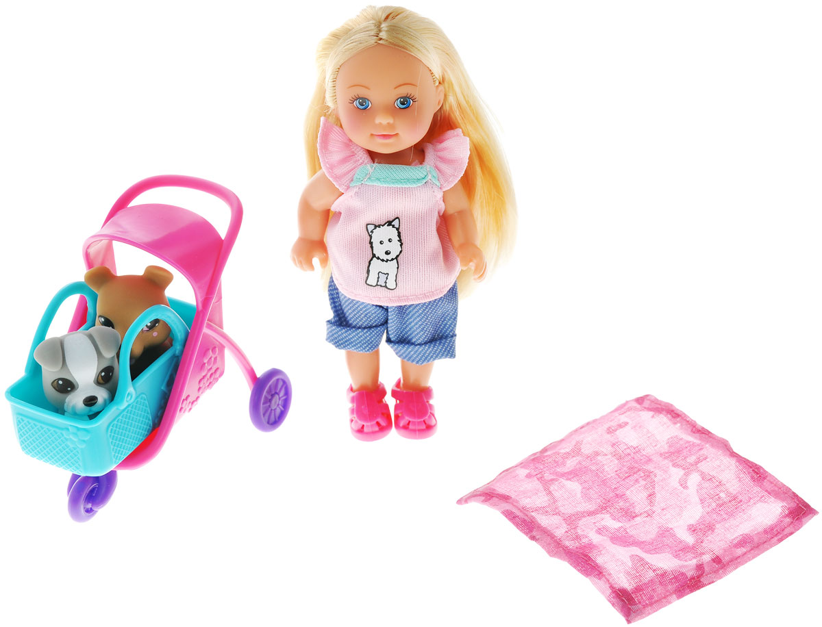 Simba Игровой набор с мини-куклой Evi Love Animal Buggy5733080 Simba Игровой набор с мини-куклой Evi Love Animal Buggy5733080Кукла Simba Еви: Animal Buggy порадует вашу малышку и доставит ей много удовольствия от часов, посвященных игре с Еви. Кукла одета в футболку с рисунком щеночка, синие штанишки и красные ботиночки. У куклы красивые светлые волосы, которые можно заплетать в различные прически. Голова, ручки и ножки куклы поворачиваются, что сделает игру с ней еще реалистичнее и интереснее. В комплекте с куклой идут две забавные маленькие собачки, коляска для них, а также небольшой коврик для отдыха на природе. Порадуйте свою малышку таким великолепным подарком.