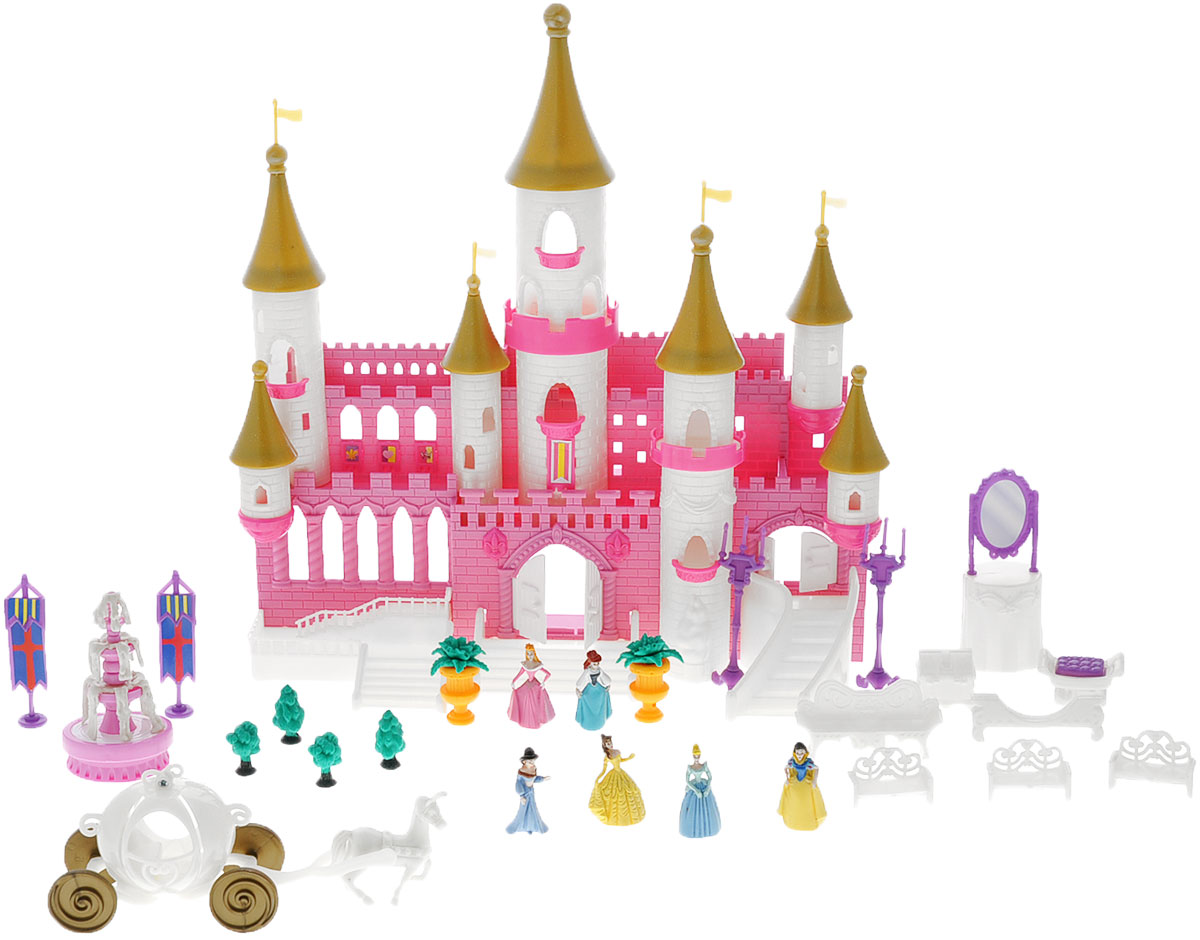 Disney Дом для кукол Волшебный замок с золотыми башнями40861 Disney Дом для кукол Волшебный замок с золотыми башнями40861Игровой набор Disney Princess Волшебный замок с золотыми башнями - это яркий набор миниатюрных фигурок принцесс из самых популярных мультфильмов компании Disney (Золушка, Спящая красавица, Белоснежка, Бэлла, Ариэль и Жасмин), и сказочный замок! Данный набор позволит погрузиться в мир волшебства и фантастических приключений вместе с персонажами любимых сказок. Многоэтажный замок со множеством окон, башен, балконов, лестниц и дверей, которые, при желании, можно открыть или закрыть. Множество аксессуаров для интересной игры с набором: фонтан и деревья для сада, лавочки, софа, канделябры, зеркало, сундук, гербы на подставках, карета, запряженная белым конем. Несмотря на миниатюрность предметов, все детали хорошо прорисованы. В комплект входит: замок, 6 фигурок принцесс, 2 клумбы с цветами, карета с лошадью, 4 лавочки, софа, стул, сундук, зеркало с тумбой, 4 деревца, фонтан, 2 канделябра, 2 герба на подставках, 3 лестницы, картинка с изображением мостовой, тропинки и...