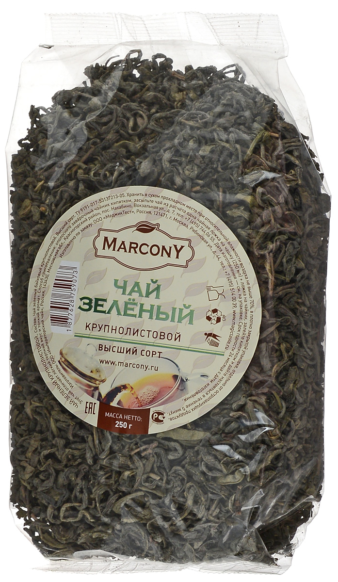 Marcony зеленый листовой чай, 250 г1877628759073 Marcony зеленый листовой чай, 250 г1877628759073Зеленый чай Marcony - бленд крупнолистовых сортов китайского чая. Имеет тонкий аромат и немного терпкий вкус, напоминающий мускатный виноград. Этот чай отлично освежит и предаст сил в жаркий, летний день.