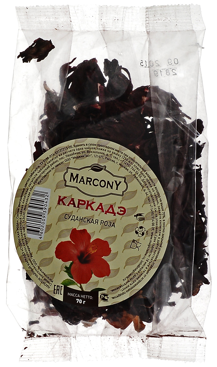 Marcony Суданская роза чай каркадэ, 70 г4602009390432 Marcony Суданская роза чай каркадэ, 70 г4602009390432Marcony Суданская роза - ароматный чай каркадэ. Настой напитка имеет сладковато-кислый вкус. Цвет варьируется от ярко красного до бордового. Ароматный и бодрящий напиток из лепестков гибискуса идеален для употребления в жару в качестве прохладительного напитка.