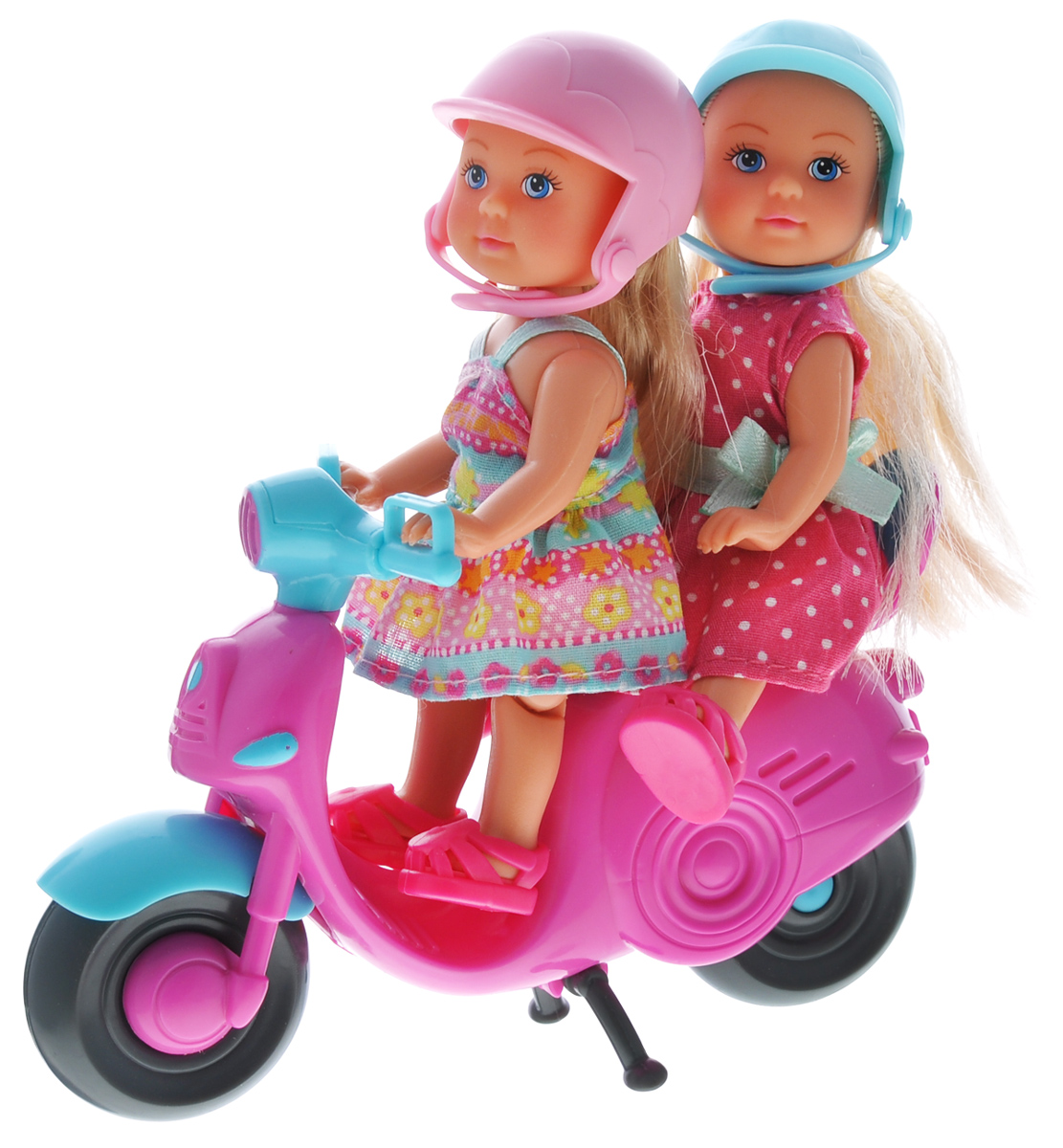 Simba Игровой набор с мини-куклами Evi Love Scooter Fun5730485 Simba Игровой набор с мини-куклами Evi Love Scooter Fun5730485Игровой набор Еви на мотороллере не оставит равнодушной ни одну девочку. Крошка Еви с подружкой путешествуют на ярком, розовом мотороллере. Куколки с длинными светлыми волосами одеты в платья и шлемы - розовый и голубой. На ножках - розовые сандалики. Одежда и обувь у кукол снимаются, ручки, ножки и голова подвижны. Набор включает две куклы в шлемах и мотороллер. Благодаря маленьким размерам элементов набора ваша малышка сможет брать его с собой на прогулку или в гости. Порадуйте ее таким замечательным подарком!