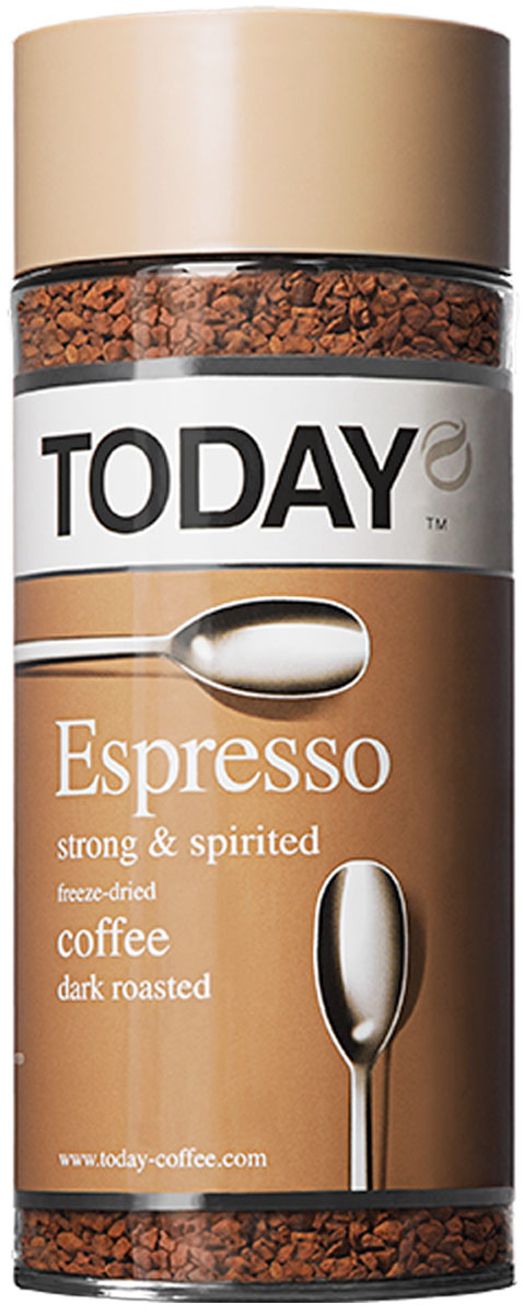 Today Espresso кофе растворимый, 95 г5014776102047 Today Espresso кофе растворимый, 95 г5014776102047Крепкий и насыщенный кофейный вкус Today Espresso поможет проснуться утром и поддержать силы днем всем любителям настоящего итальянского эспрессо. Приготовлен методом сухой заморозки с использованием эксклюзивной технологии Aroma Optima, которая позволяет сохранить вкус натурального кофе без применения добавок и ароматизаторов.