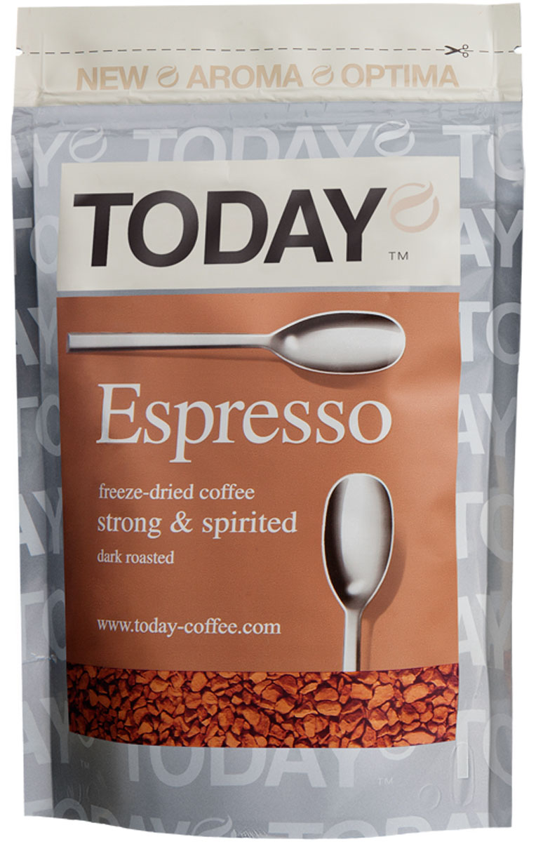 Today Espresso кофе растворимый, 75 г5060300570097 Today Espresso кофе растворимый, 75 г5060300570097Крепкий и насыщенный кофейный вкус Today Espresso поможет проснуться утром и поддержать силы днем всем любителям настоящего итальянского эспрессо. Изготовлен по уникальной технологии Aroma Optima из отборных зерен Арабики, без применения искусственных добавок. Темная обжарка придает крепость, великолепный вкус и насыщенный аромат натурального свежемолотого кофе.