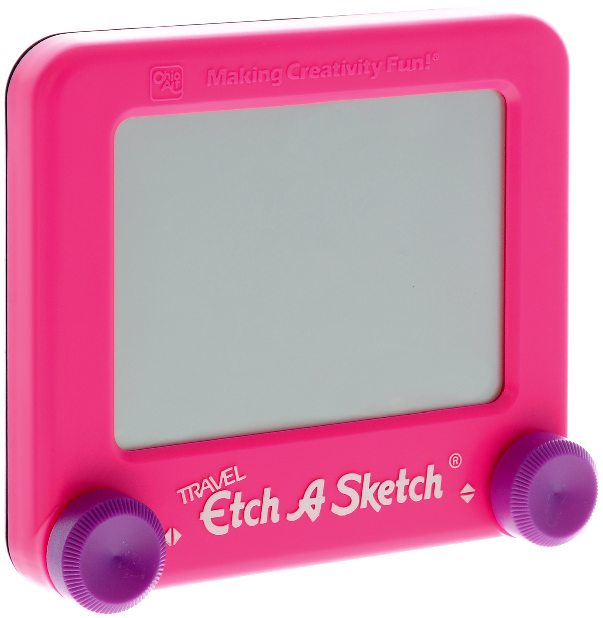 Etch-A-Sketch Волшебный экран, 13 см, цвет: розовый55590 Etch-A-Sketch Волшебный экран, 13 см, цвет: розовый55590Волшебный экран Etch-A-Sketch, непременно понравится вашему ребенку и станет для него любимой игрушкой. Волшебный экран поможет вашему ребенку создавать рисунки одной линией, посредством вращения двух круглых ручек, расположенных в нижних углах (одна из них перемещает указатель по вертикали, а другая по горизонтали). Самым сложным считается рисовать круглые объекты, волнистые линии и плавные изгибы. Внутри экрана находится специальный порошок, который счищает тонкий указатель с внутренней поверхности экрана, оставляя за собой темную линию. Для того чтобы стереть свой рисунок, достаточно просто перевернуть экран вниз и потрясти, и он снова станет серым, при этом указатель начнет чертить ровно из той точки, где закончился предыдущий рисунок. Компактный размер экрана позволяет брать его с собой в дорогу. Диагональ экрана: 13 см.