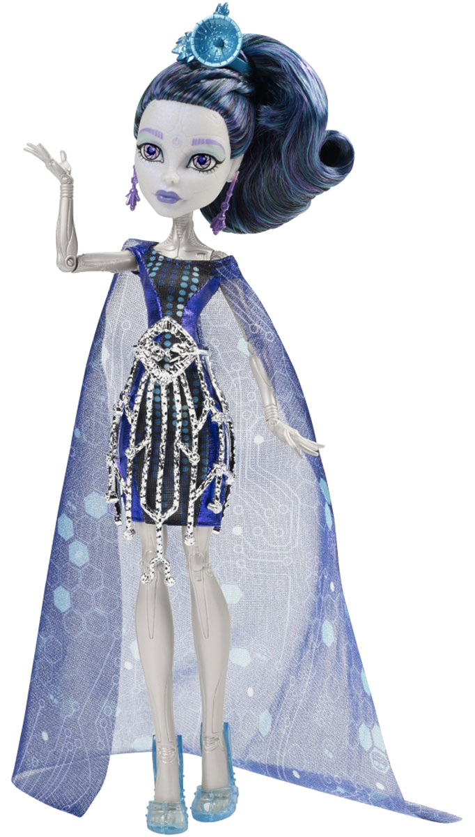 Monster High Кукла Элль ИдиCHW64_CHW63 Monster High Кукла Элль ИдиCHW64_CHW63Ученики школы Monster High отправляются в Boo York на празднование в честь Кристальной Кометы. Там они встречают новых друзей, которые пытаются найти себя в большом городе. Модница Элль Иди - дочь Роботов - надела на торжественное мероприятие свой самый любимый наряд. Она предпочла четкие линии футуристического платья, дополненного металлическим поясом и верхней юбкой, накидкой с ярким узором, ярко-голубыми сапожками и убийственно крутым головным убором. Подставка и расческа помогут ей выглядеть безупречно на снимках. В комплект с куклой также входит дневник с подробностями из жизни персонажей мультфильма, который сделает игру с ней еще увлекательнее. В комплекте: подставка, расческа, дневник. Руки и ноги куклы шарнирные, это позволяет придать ей разнообразные позы. Порадуйте поклонницу Монстер Хай удивительной новинкой в мире Школы Монстров, подарив ей куколку из серии Boo York.