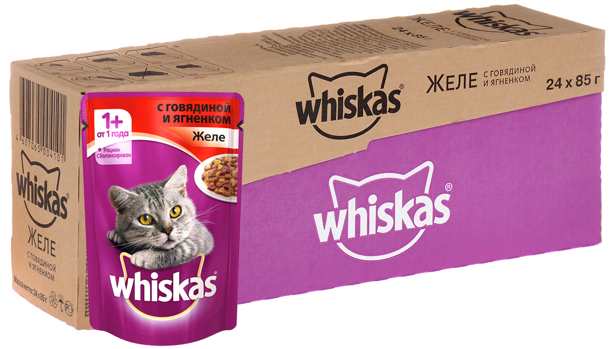 Консервы Whiskas для кошек от 1 года, желе с говядиной и ягненком, 85 г, 24 шт39890 Консервы Whiskas для кошек от 1 года, желе с говядиной и ягненком, 85 г, 24 шт39890Консервы для кошек от 1 года Whiskas - полнорационный сбалансированный корм, который идеально подойдет вашему любимцу. Нежные мясные кусочки в аппетитном соусе приготовлены с учетом потребностей взрослых кошек. Специально сбалансированный рацион содержит все питательные вещества, витамины и минералы, необходимые кошке в этом возрасте. Консервы не содержат сои, консервантов, ароматизаторов, искусственных красителей и усилителей вкуса. В рацион домашнего любимца нужно обязательно включать консервированный корм, ведь его главные достоинства - высокая калорийность и питательная ценность. Консервы лучше усваиваются, чем сухие корма. Также важно, чтобы животные, имеющие в рационе консервированный корм, получали больше влаги. Состав: мясо и субпродукты (в том числе говядина и ягненок минимум 4%), таурин, злаки, витамины, минеральные вещества. Пищевая ценность в 100 г: белки - 7,5 г, жиры - 3,5 г, клетчатка - 0,3 г, зола - 2,5 мг, витамин А -...