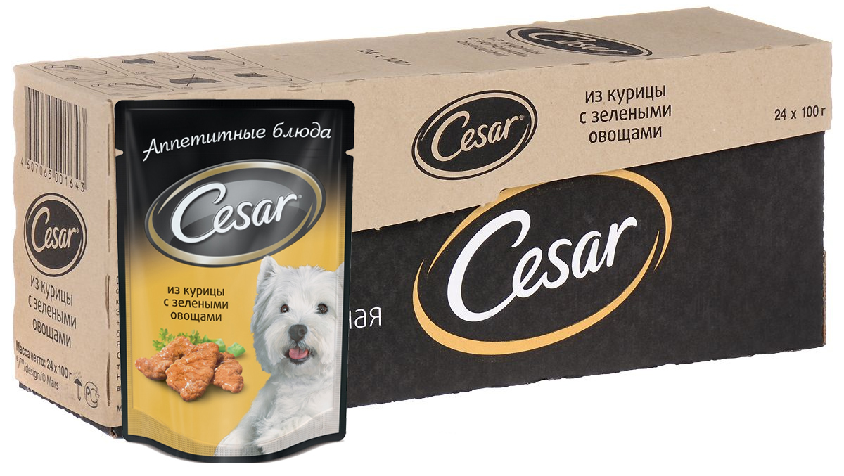 Консервы Cesar для взрослых собак, с курицей и зелеными овощами, 100 г, 24 шт39667 Консервы Cesar для взрослых собак, с курицей и зелеными овощами, 100 г, 24 шт39667Консервы Cesar - это полнорационный консервированный корм для взрослых собак всех пород. Нежнейшие кусочки мяса, дополненные свежими овощами - идеальное блюдо для любой собаки. Консервы приготовлены исключительно из натурального сырья. Не содержат искусственных красителей, консервантов и усилителей вкуса. Состав: мясо и субпродукты минимум 40% (в том числе курица минимум 26%), овощи (минимум 4%), злаки, витамины, минеральные вещества. Пищевая ценность в 100 г: белки - 9 г, жир - 4,5 г, зола - 2 г, клетчатка - 0,5 г, влага - 80 г, витамин А - не менее 150 МЕ, витамин Е - не менее 1,2 мг. Энергетическая ценность в 100 г: 85 ккал. Товар сертифицирован. В упаковке 24 пакетика по 100 г.