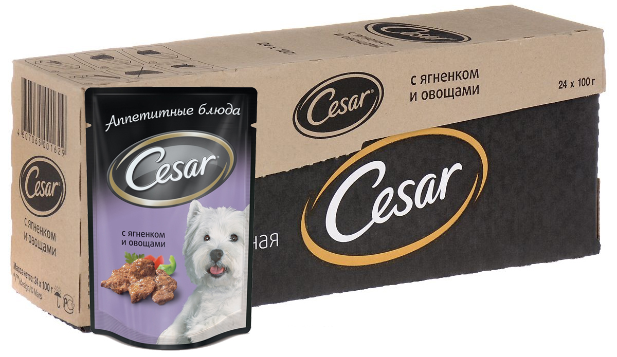 Консервы Cesar для взрослых собак, с ягненком и овощами, 100 г, 24 шт39668 Консервы Cesar для взрослых собак, с ягненком и овощами, 100 г, 24 шт39668Консервы Cesar - это полнорационный консервированный корм для взрослых собак всех пород. Нежнейшие кусочки мяса, дополненные свежими овощами - идеальное блюдо для любой собаки. Консервы приготовлены исключительно из натурального сырья. Не содержат искусственных красителей, консервантов и усилителей вкуса. Состав: мясо и субпродукты минимум 40% (в том числе ягненок минимум 4%), овощи (минимум 4%), злаки, витамины, минеральные вещества. Пищевая ценность в 100 г: белки - 9 г, жир - 4,5 г, зола - 2 г, клетчатка - 0,5 г, влага - 80 г, витамин А - не менее 150 МЕ, витамин Е - не менее 1,2 мг. Энергетическая ценность в 100 г: 85 ккал. Товар сертифицирован. В упаковке 24 пакетика по 100 г.