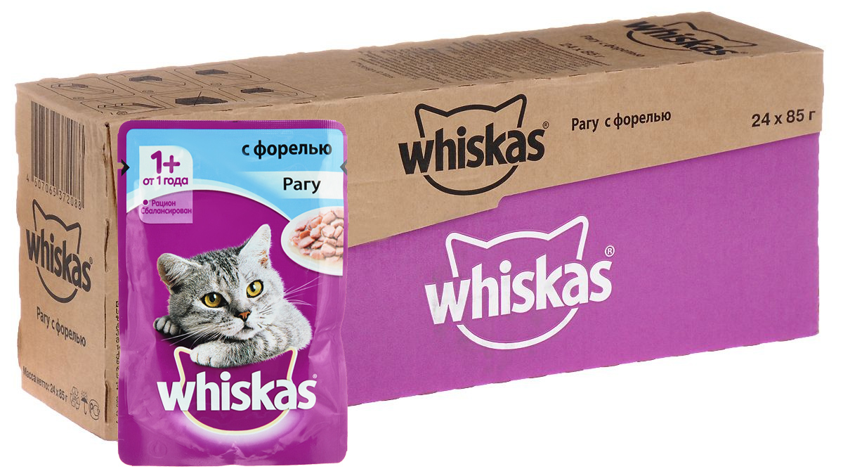Консервы Whiskas для кошек от 1 года, рагу с форелью, 85 г х 24 шт40456 Консервы Whiskas для кошек от 1 года, рагу с форелью, 85 г х 24 шт40456Консервы для кошек от 1 года Whiskas - полнорационный сбалансированный корм, который идеально подойдет вашему любимцу. Аппетитное рагу приготовлено с учетом потребностей взрослых кошек. Специально сбалансированный рацион содержит все питательные вещества, витамины и минералы, необходимые кошке в этом возрасте. Консервы не содержат сои, консервантов, ароматизаторов, искусственных красителей и усилителей вкуса. В рацион домашнего любимца нужно обязательно включать консервированный корм, ведь его главные достоинства - высокая калорийность и питательная ценность. Консервы лучше усваиваются, чем сухие корма. Также важно, чтобы животные, имеющие в рационе консервированный корм, получали больше влаги. Состав: мясо и субпродукты, рыба (в том числе форель минимум 4%), таурин, злаки, витамины, минеральные вещества. Пищевая ценность в 100 г: белки - 7,3 г, жиры - 4,0 г, клетчатка - 0,3 г, зола - 2,2 г, витамин А - не менее 150...