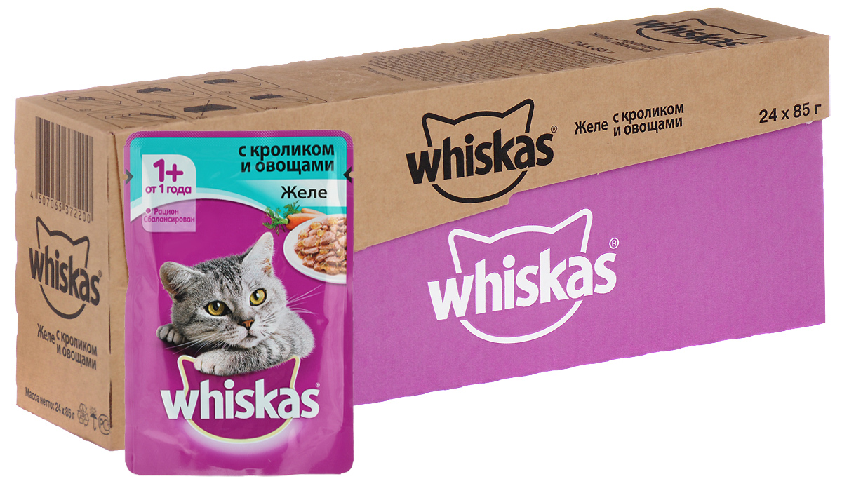 Консервы Whiskas для кошек от 1 года, желе с кроликом и овощами, 85 г х 24 шт40457 Консервы Whiskas для кошек от 1 года, желе с кроликом и овощами, 85 г х 24 шт40457Консервы для кошек от 1 года Whiskas - полнорационный сбалансированный корм, который идеально подойдет вашему любимцу. Аппетитное желе приготовлено с учетом потребностей взрослых кошек. Специально сбалансированный рацион содержит все питательные вещества, витамины и минералы, необходимые кошке в этом возрасте. Консервы не содержат сои, консервантов, ароматизаторов, искусственных красителей и усилителей вкуса. В рацион домашнего любимца нужно обязательно включать консервированный корм, ведь его главные достоинства - высокая калорийность и питательная ценность. Консервы лучше усваиваются, чем сухие корма. Также важно, чтобы животные, имеющие в рационе консервированный корм, получали больше влаги. Состав: мясо и субпродукты (в том числе кролик минимум 4%), овощи (морковь минимум 4%), таурин, злаки, витамины, минеральные вещества. Пищевая ценность в 100 г: белки - 7,5 г, жиры - 3,5 г, клетчатка - 0,3 г, зола - 2,5 г, витамин А - не менее 150...